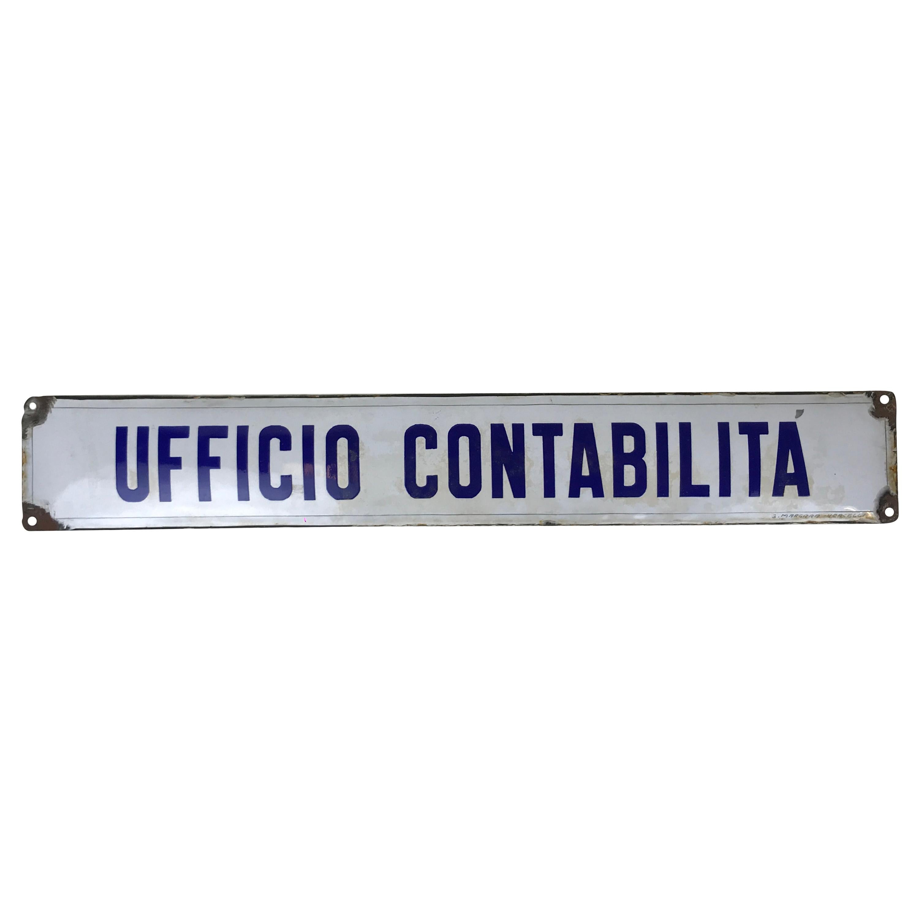 1940s Vintage Italian Enamel Metal Sign Accounting Office or Ufficio Contabilità For Sale