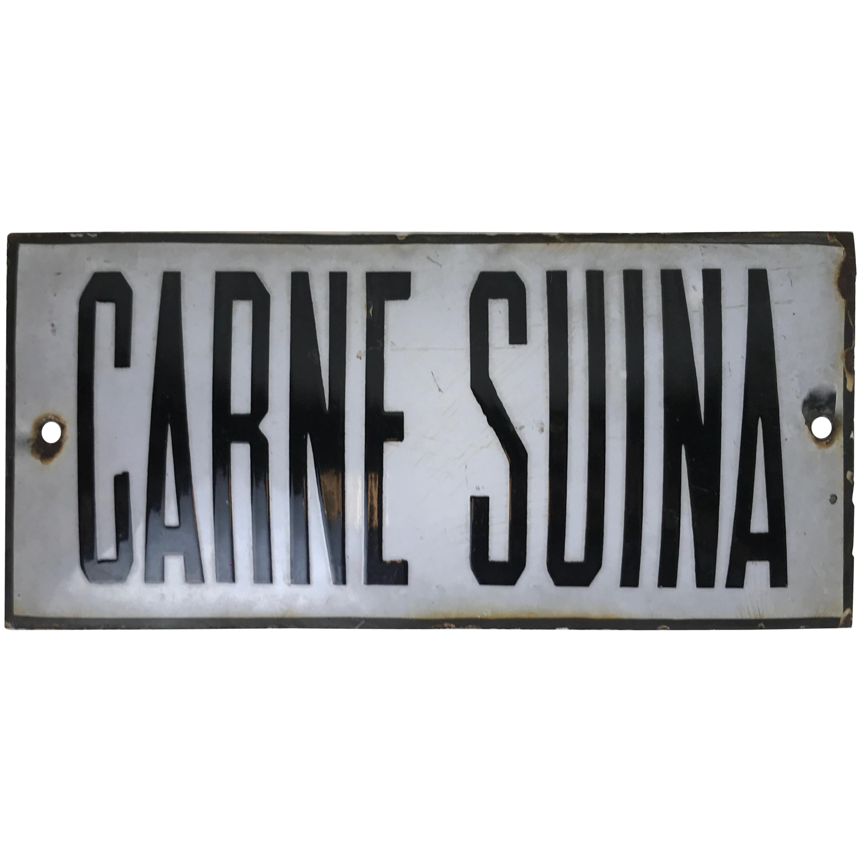 1940s Vintage Italian Enamel Metal Sign "Carne Suina", 'Pork Meat' For Sale