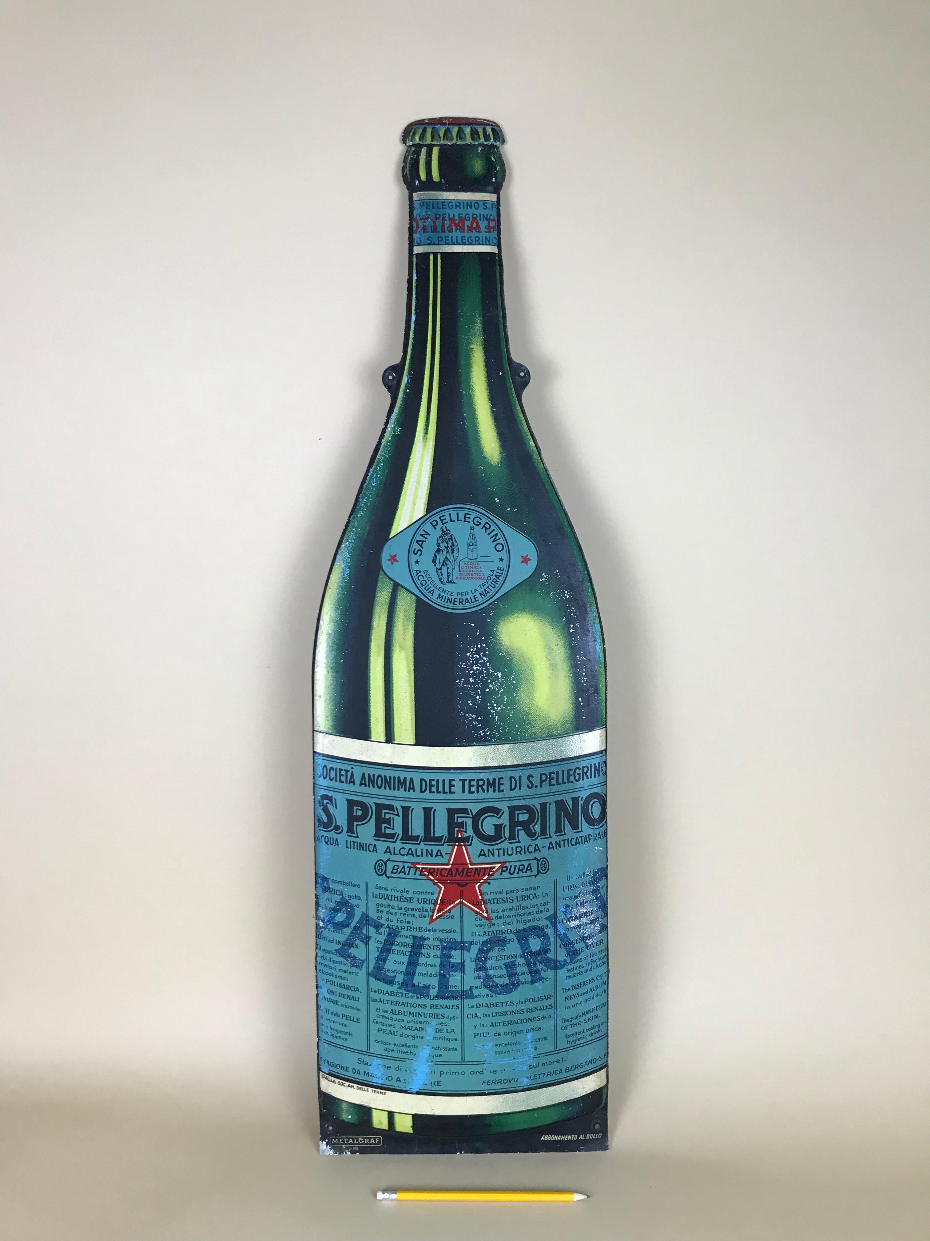 Vintage San Pellegrino Mineral Water lithography on tin sign made in the 1940s, in Milan ( Italy) by Metalgraf for advertising purpose.

Collector's note:

S.Pellegrino is an Italian natural mineral water brand, famous all over the world, owned