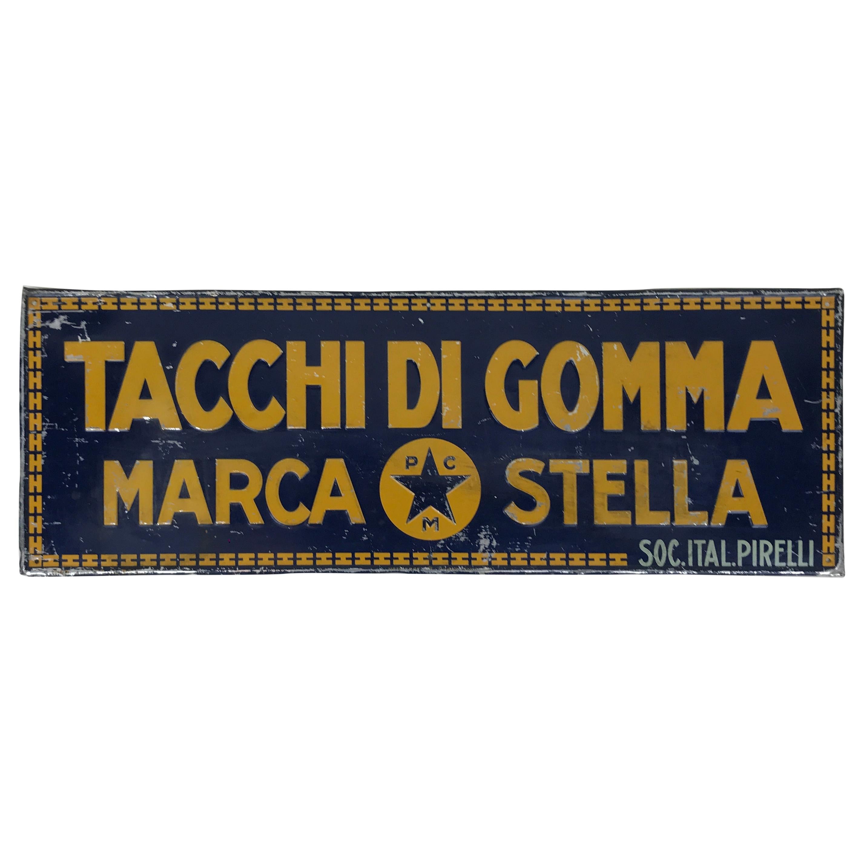 1940s Vintage Italian Tin Sign "Tacchi di Gomma" or "Rubber Heel" by Pirelli For Sale