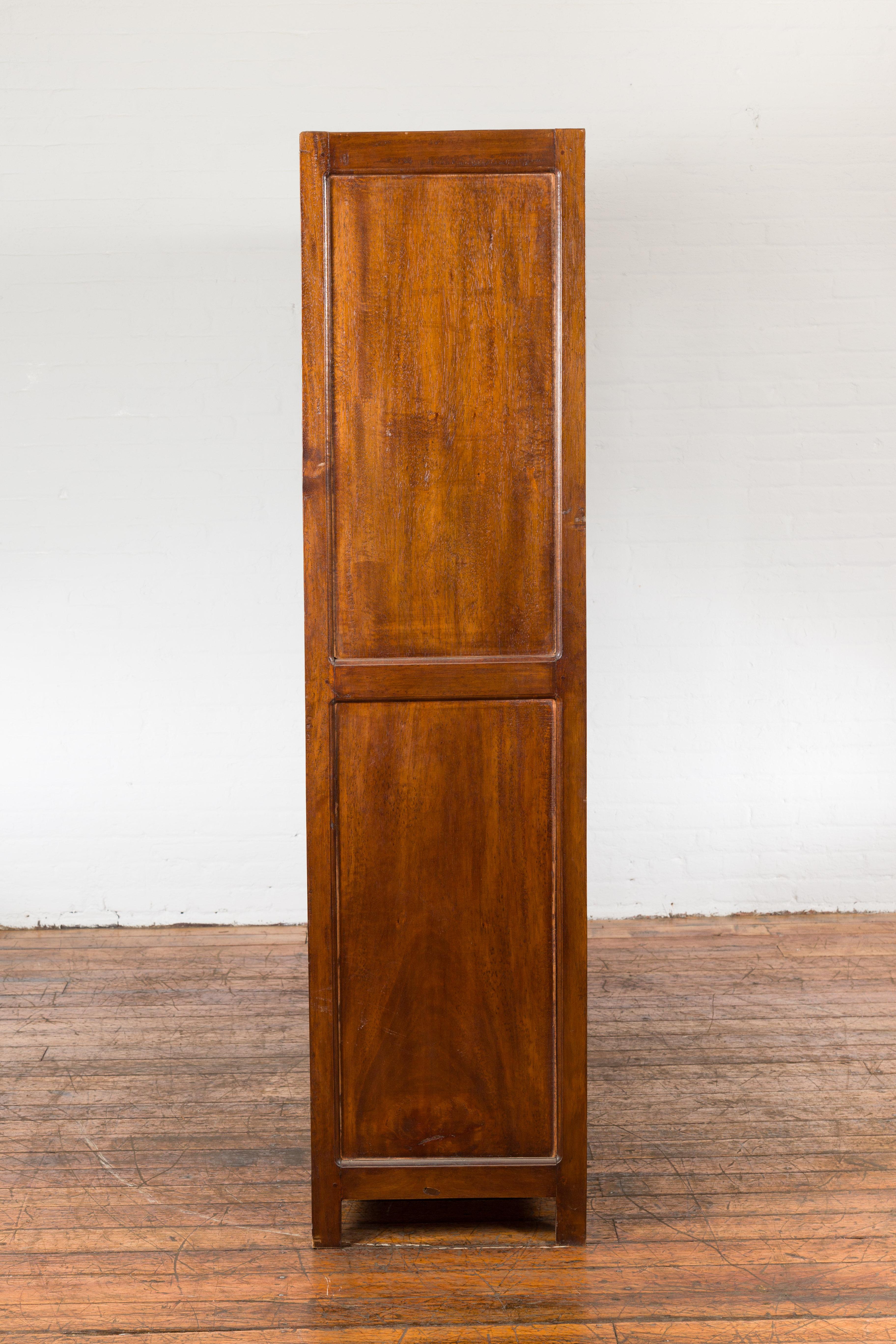 1940s Vintage Javanese Brown Wood Bookcase with Sliding Paneled Glass Doors For Sale 4