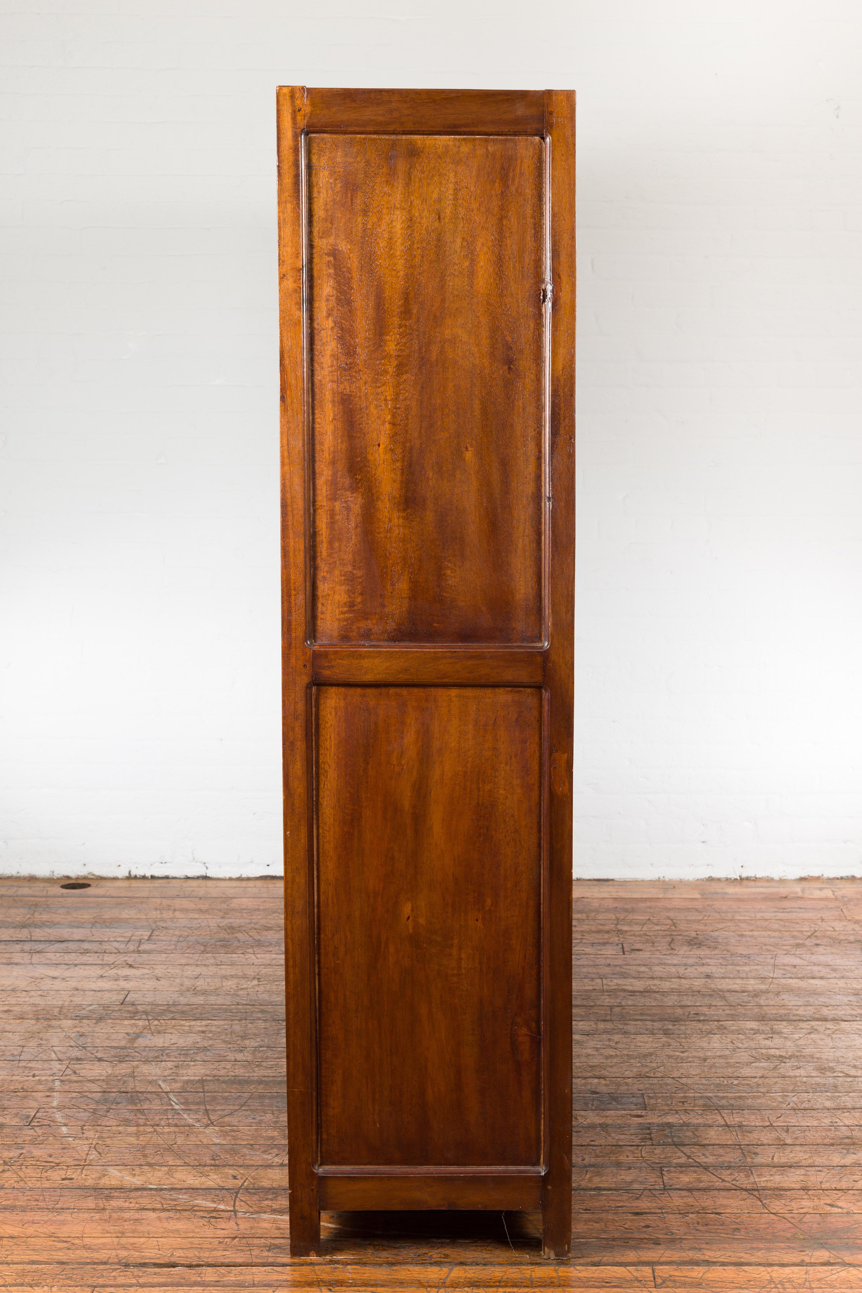 1940s Vintage Javanese Brown Wood Bookcase with Sliding Paneled Glass Doors For Sale 6