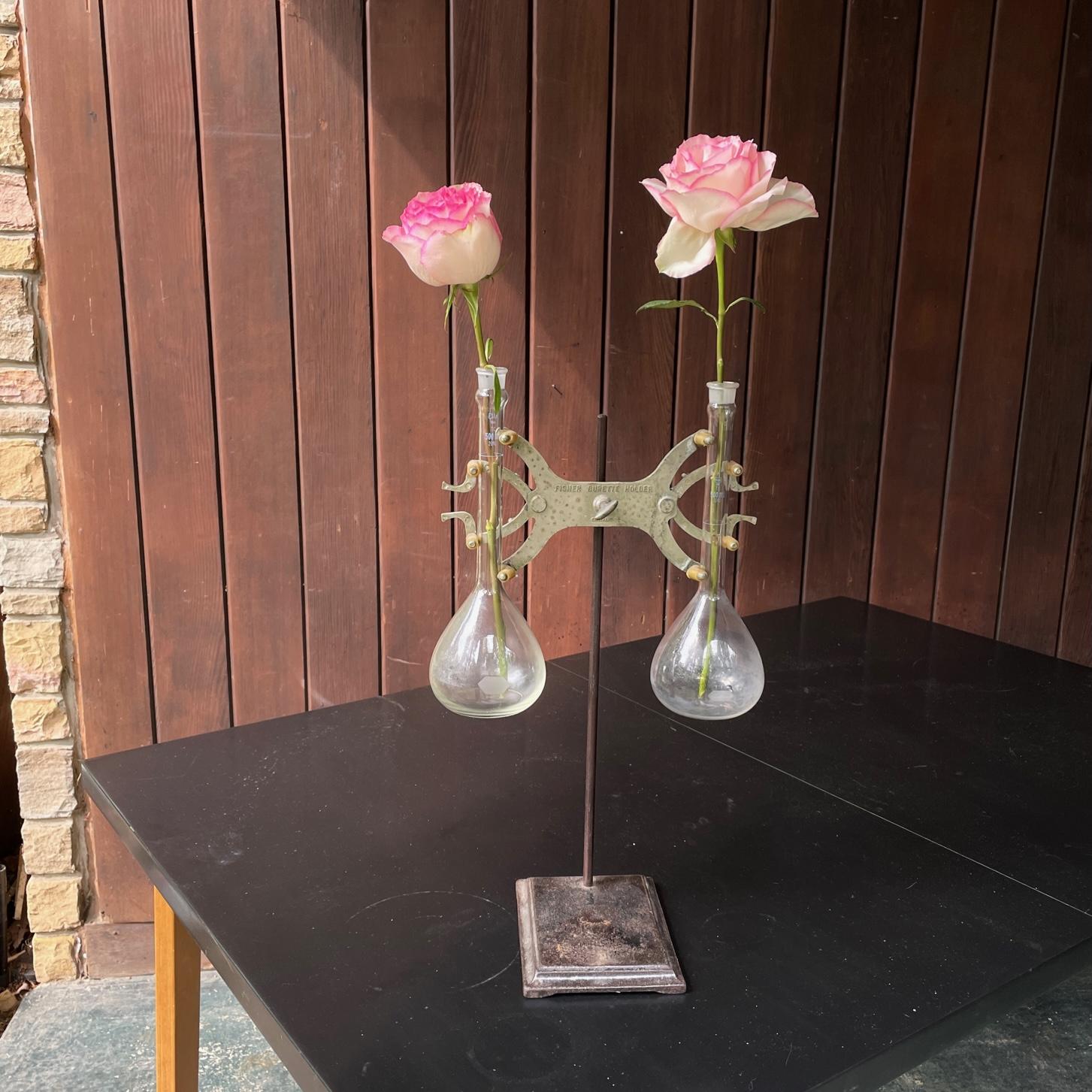 Repurposed lab equipment to create a beautiful table or entryway decor.

Overall W 11.5 x D 7 x H 20 in.
Vases H 11.5 in. / Capacity 16 oz.