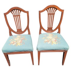 1940s Vintage Mahogany Shield Back Upholstered Needle Point Chairs, a Pair