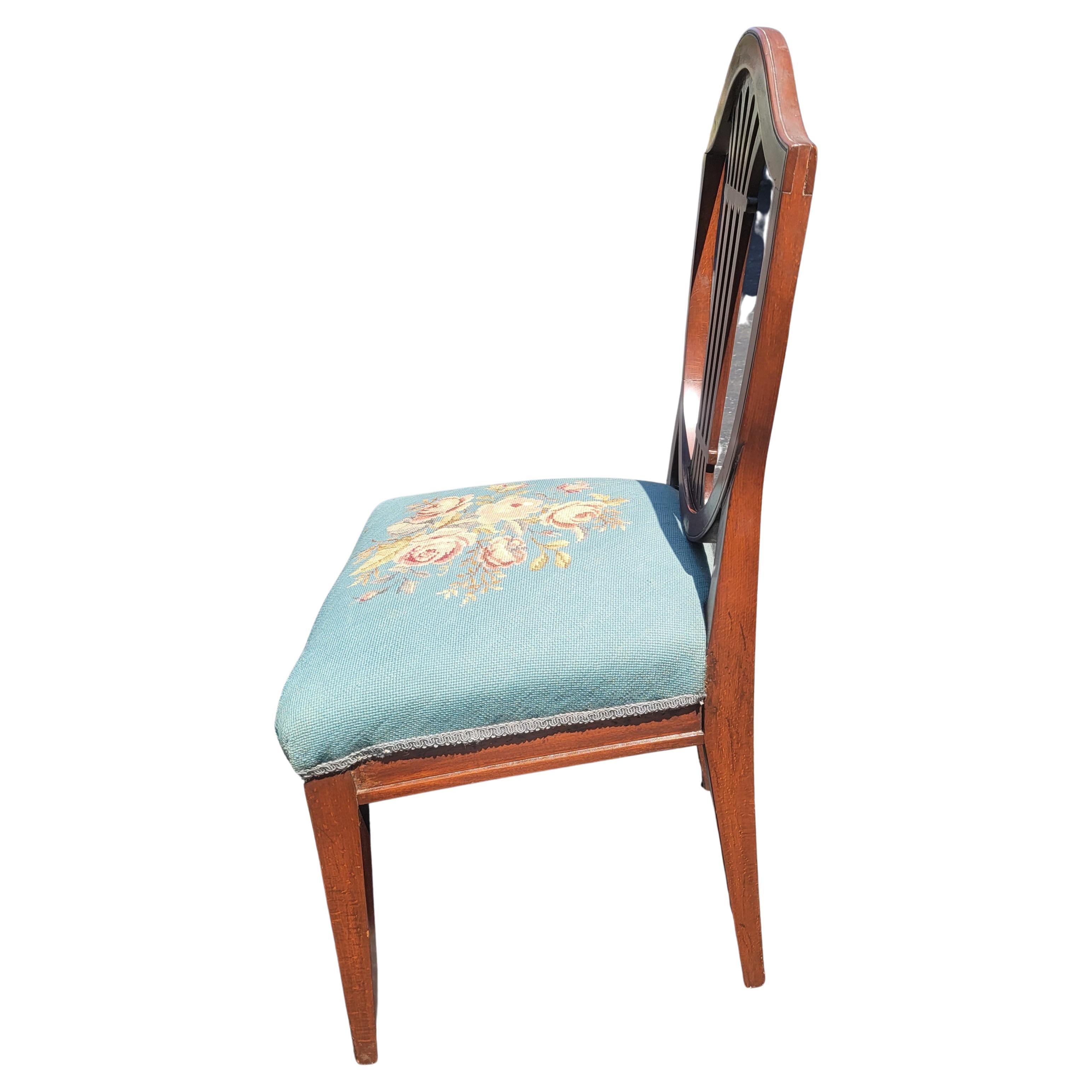 Mid-Century Modern 1940s Vintage Mahogany Shield Back Upholstered Needle Point Chairs, a Pair For Sale