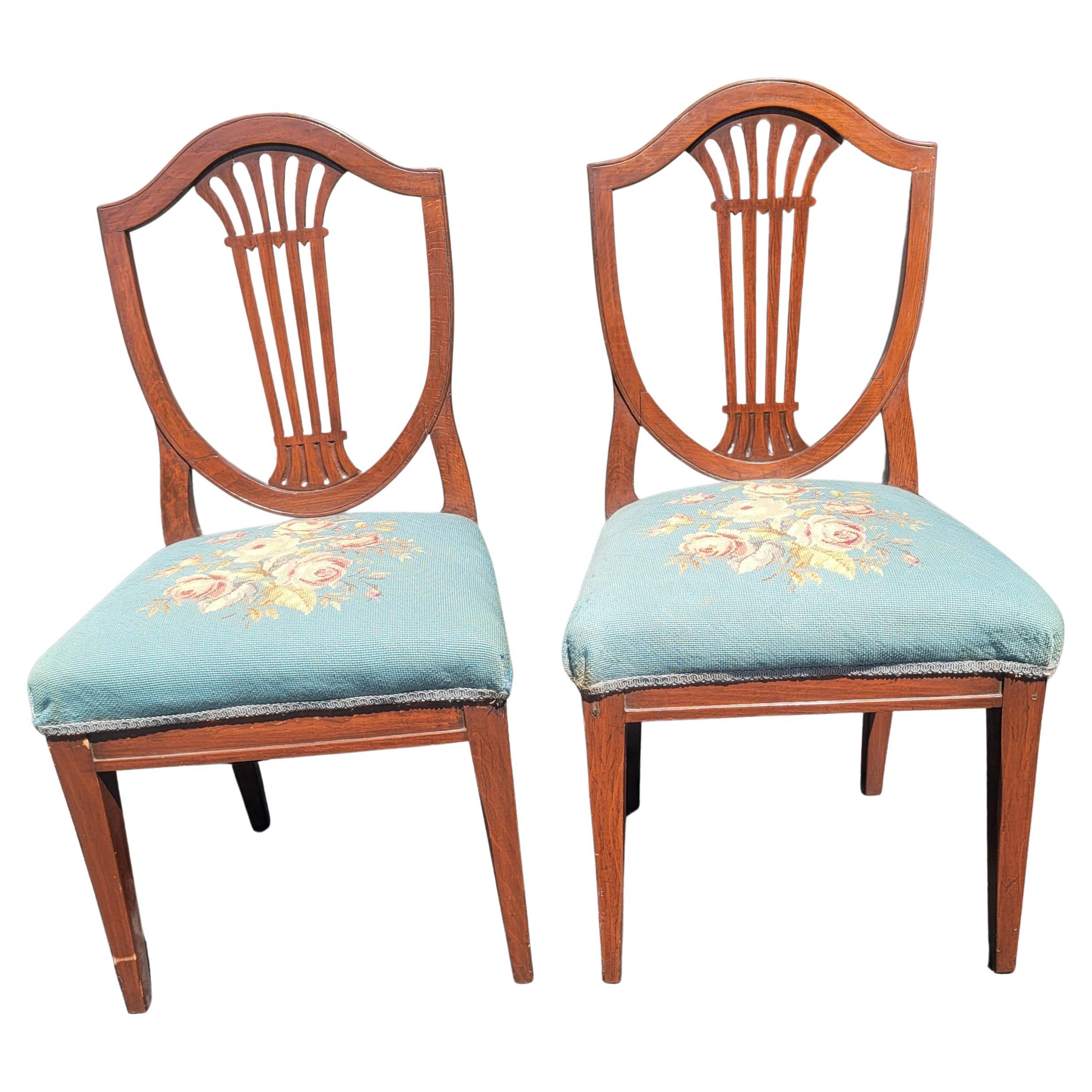 1940s Vintage Mahogany Shield Back Upholstered Needle Point Chairs, a Pair For Sale