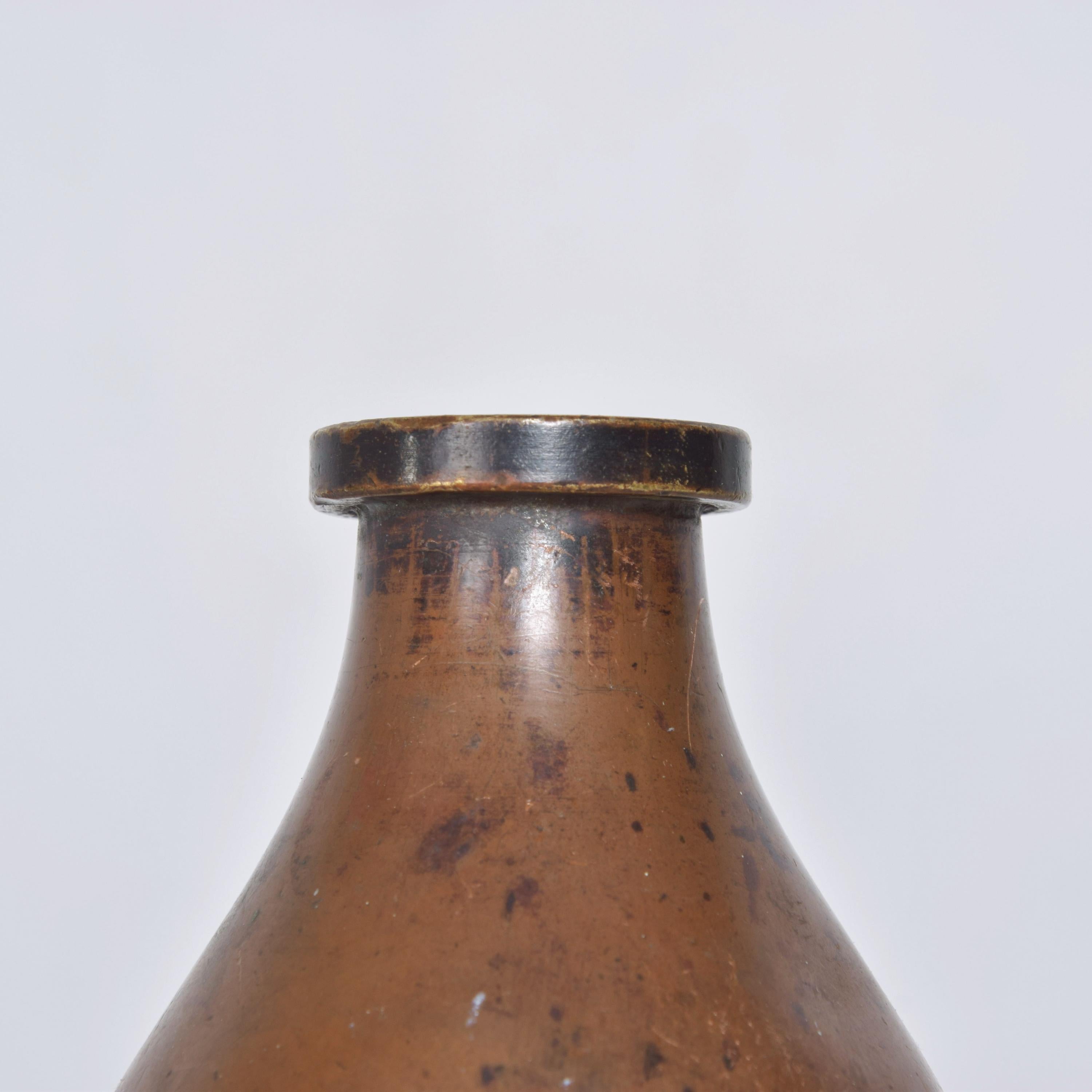 1940s Vintage Industrial Aged Bottle Vase Jug in Patinated Copper USA In Fair Condition For Sale In Chula Vista, CA