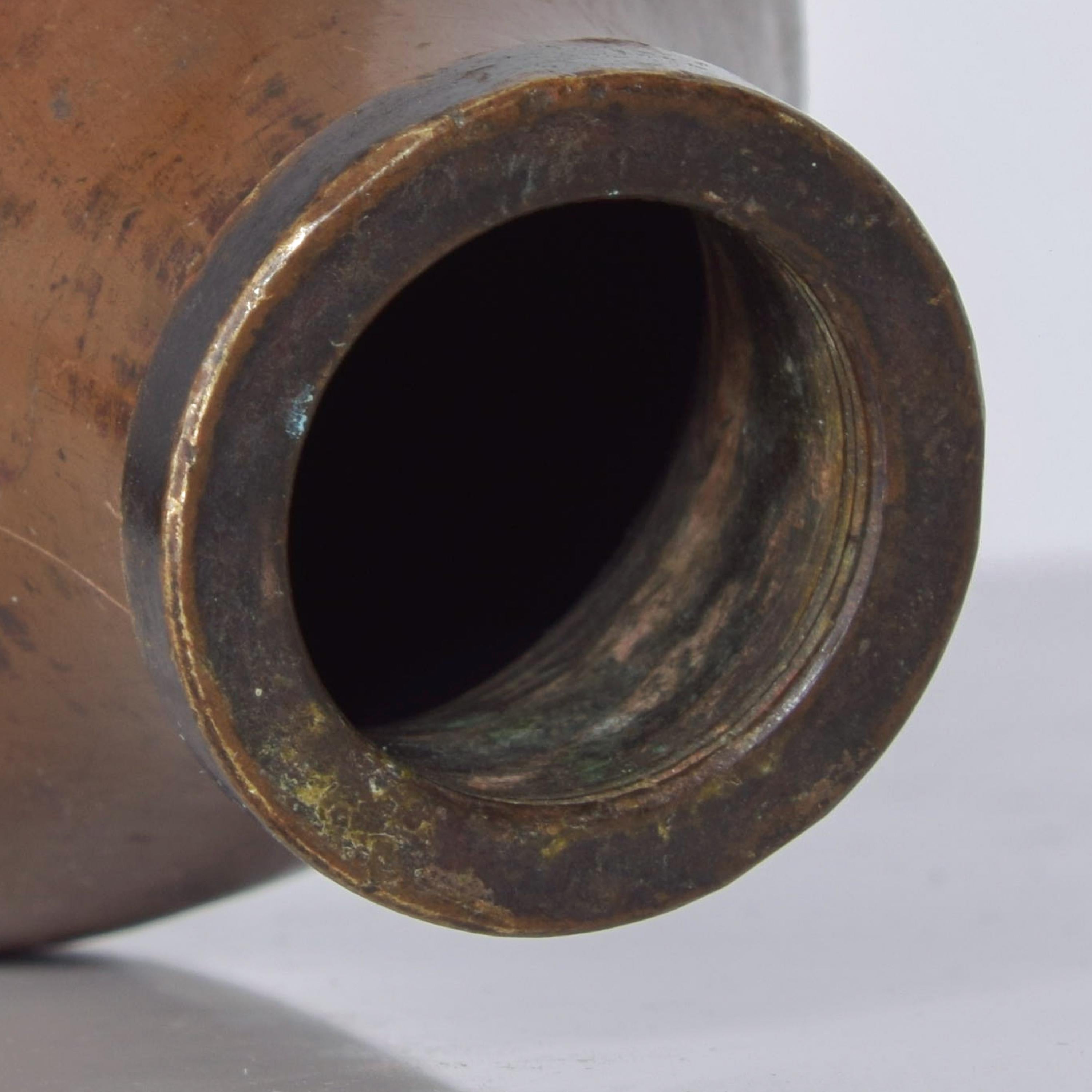1940s Vintage Industrial Aged Bottle Vase Jug in Patinated Copper USA For Sale 2