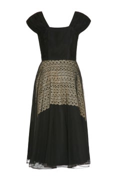 1940s Vintage Monica Black Organza Cocktail Dress with Lace Detail