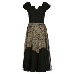 1940s Vintage Monica Black Organza Cocktail Dress with Lace Detail