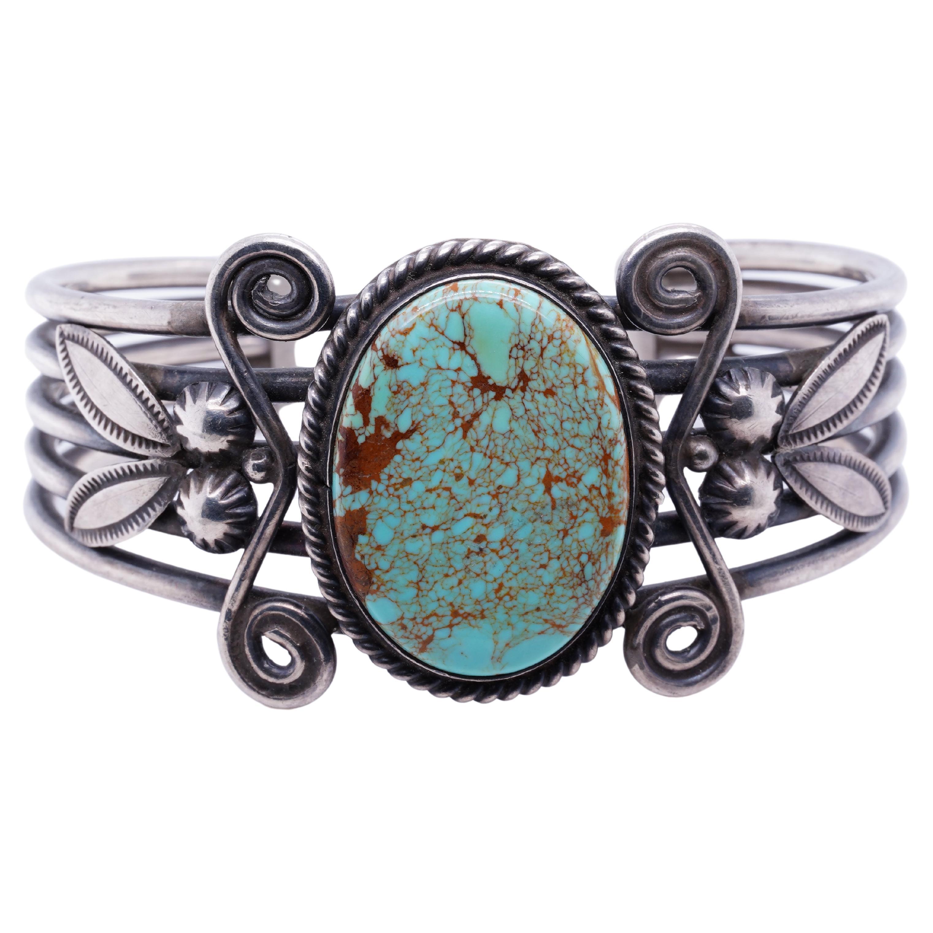 1940s, Vintage Native American Navajo Sterling Cuff w/ Large Green Turquoise