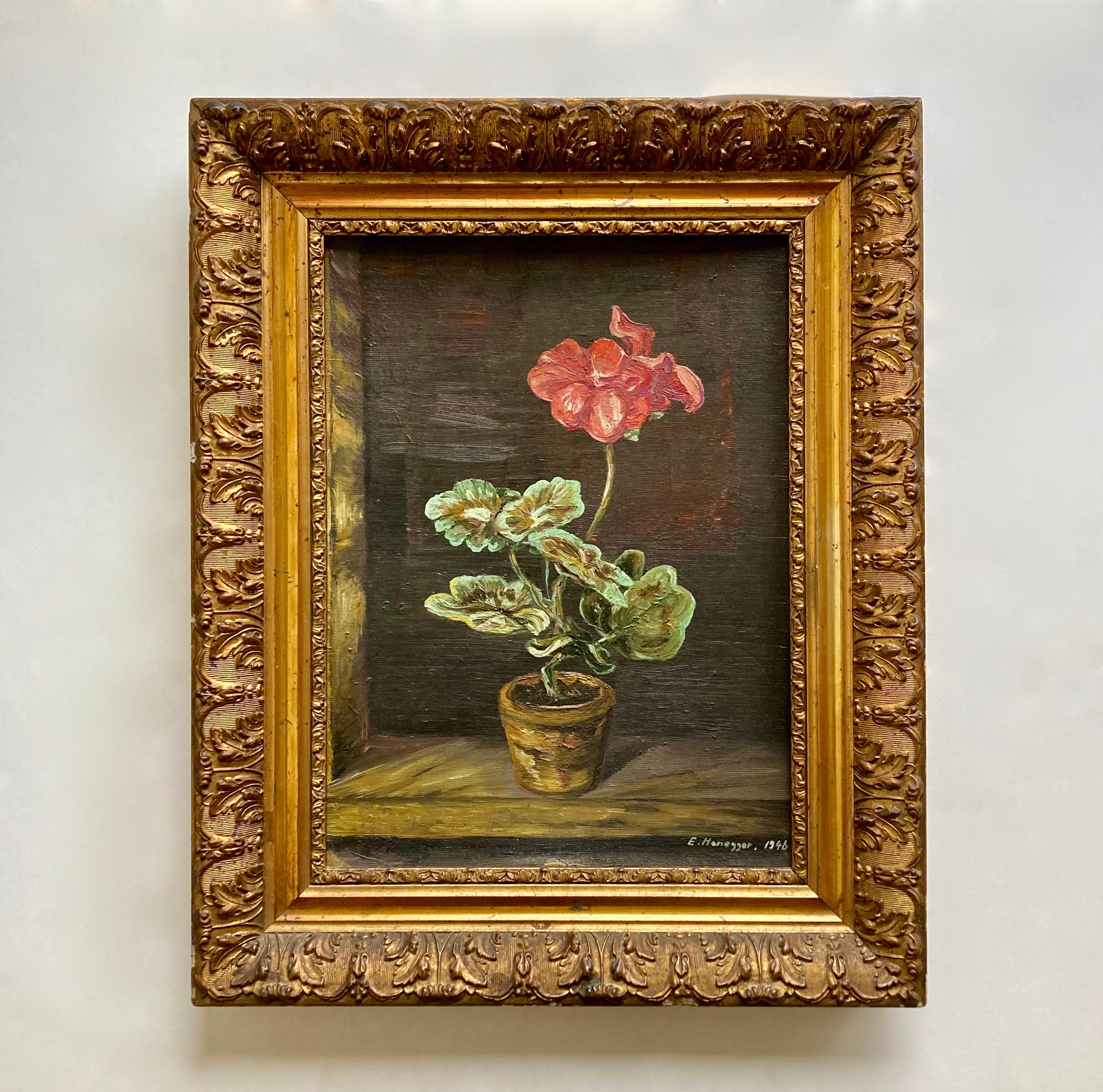 A simple but beautiful, vintage still-life of a potted pink bégonia. The painting has been sourced in eastern France and is most likely French or Swiss by origine. According to the label on the back of the painting, the cardboard panel comes from a