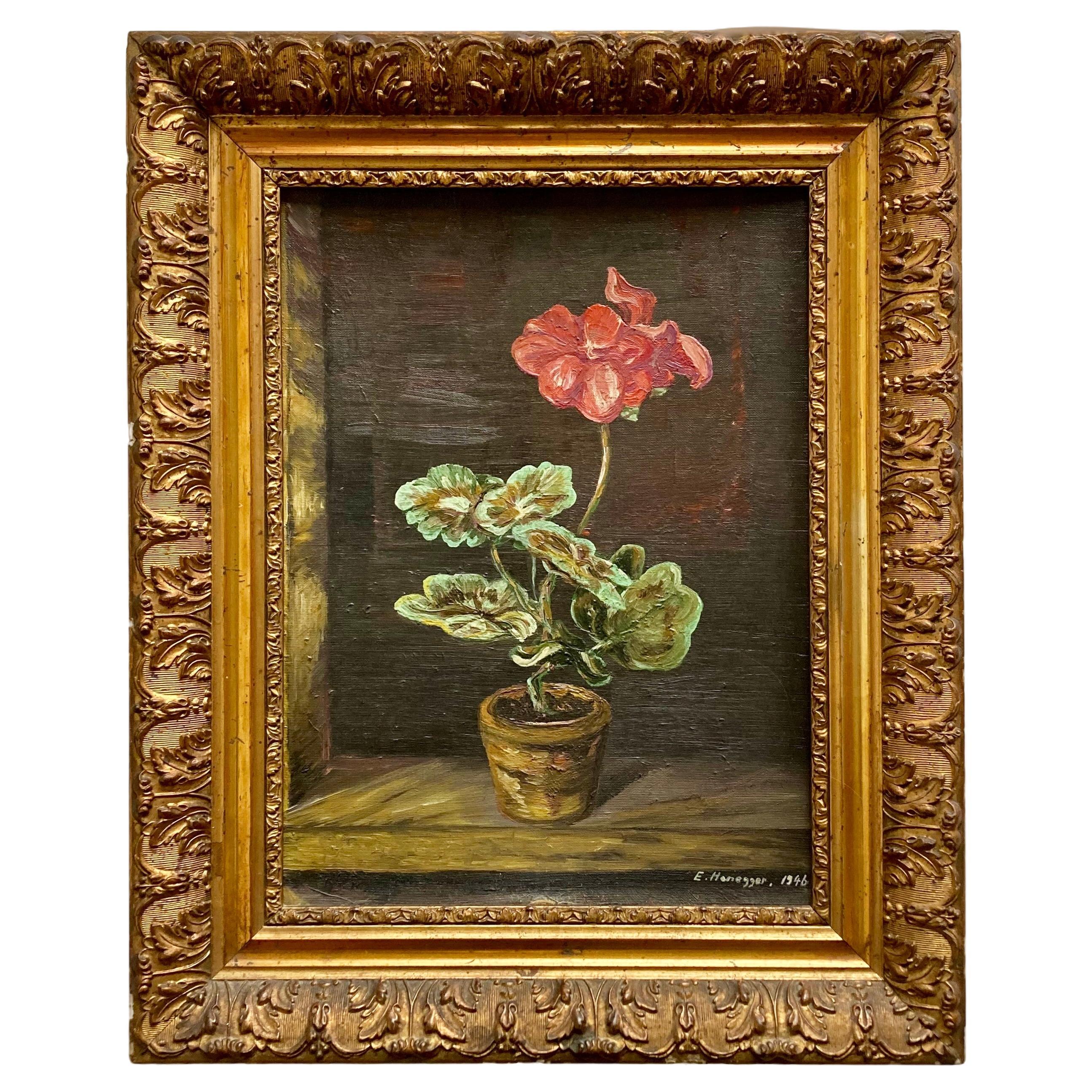 Peinture à l'huile florale française originale des années 1940 encadrée et signée par l'artiste
