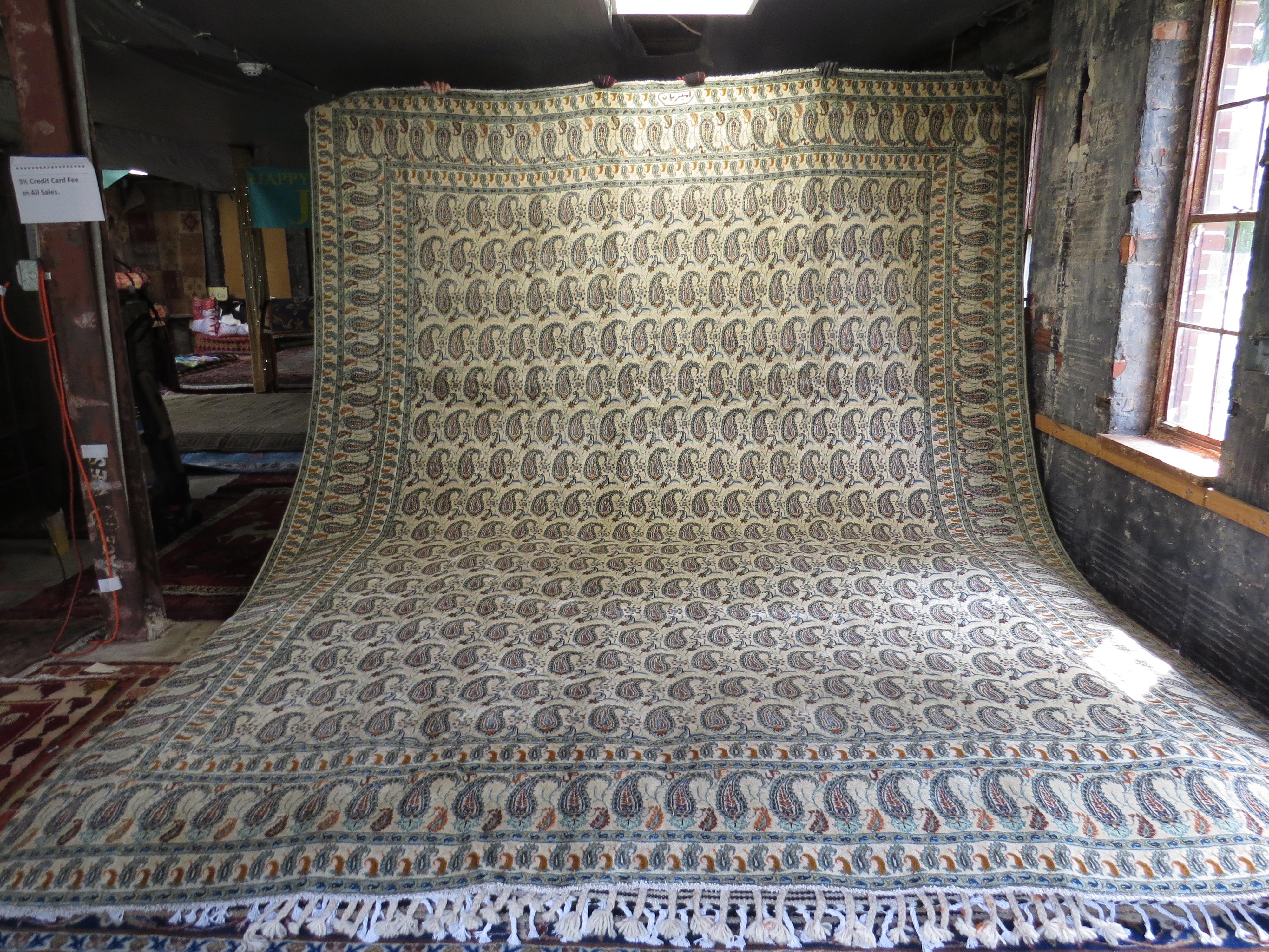 This is an unusually rare Persian Rug because its all over pattern is not flowers, but boteh. These boteh are themselves even more unusual in that they are 