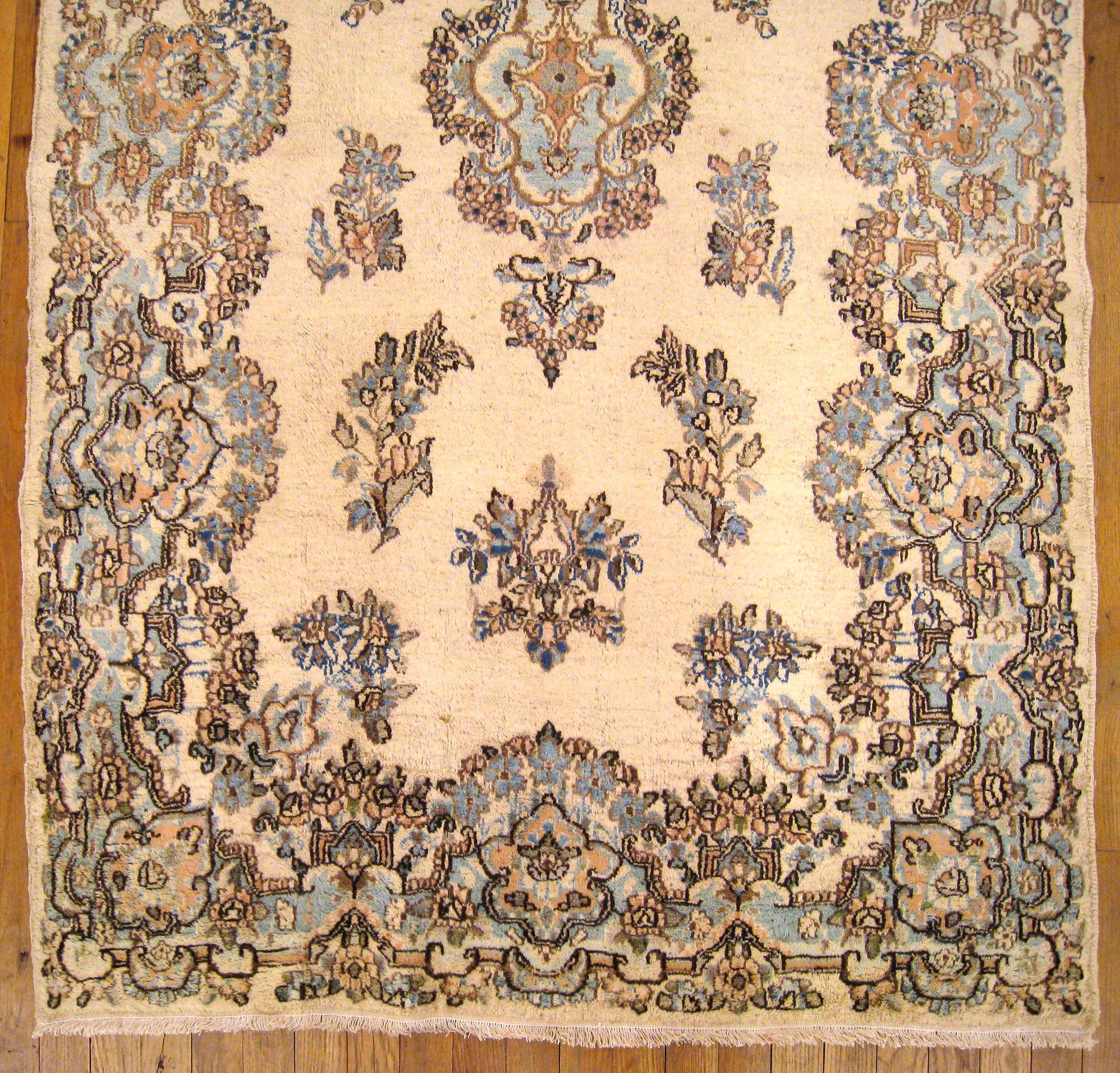 Hand-Knotted 1940s Vintage Persian Kerman Oriental Rug, in Small size
