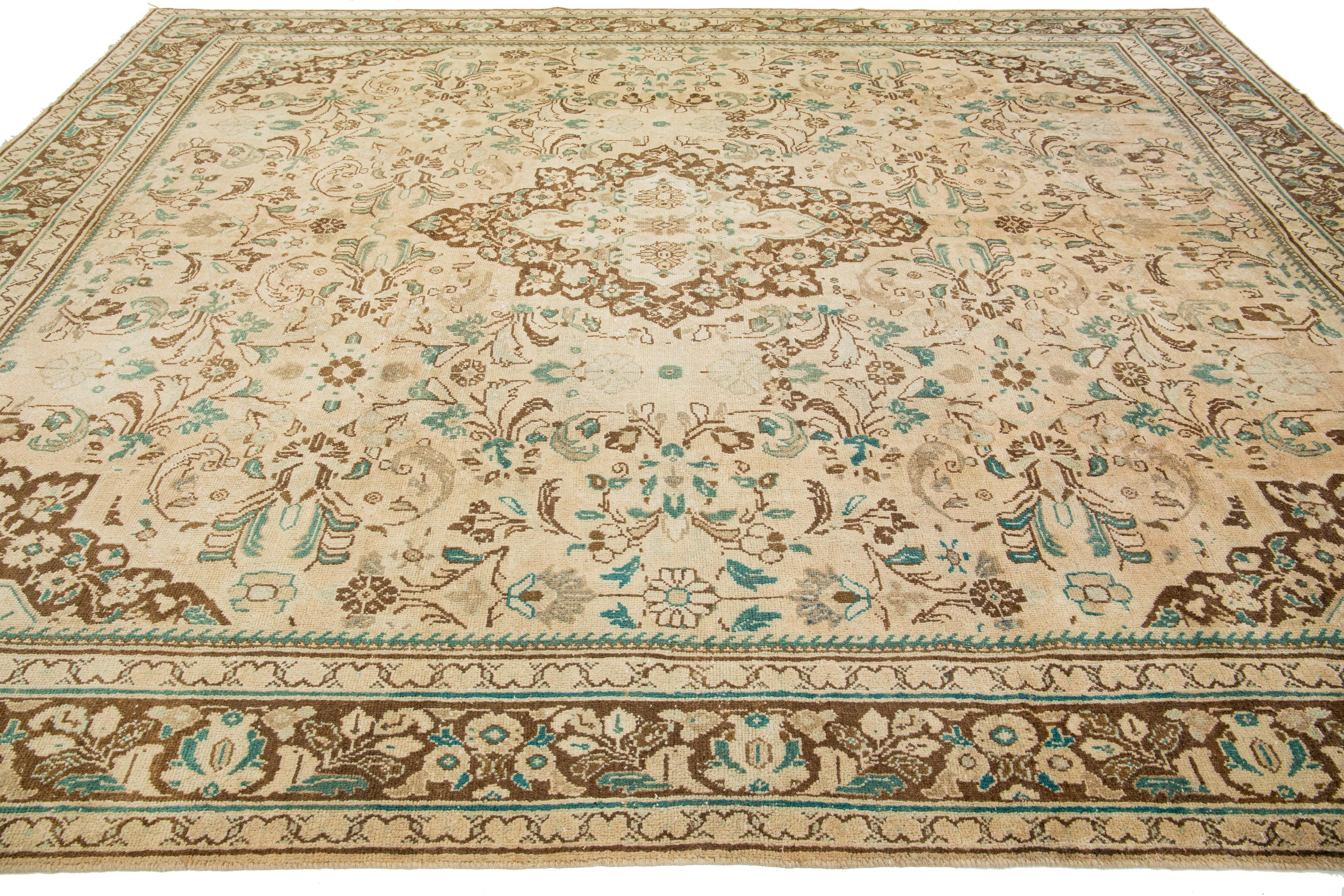 Hand-Knotted 1940s Vintage Persian Mahal Wool Rug Handmade with Tan Color Field For Sale