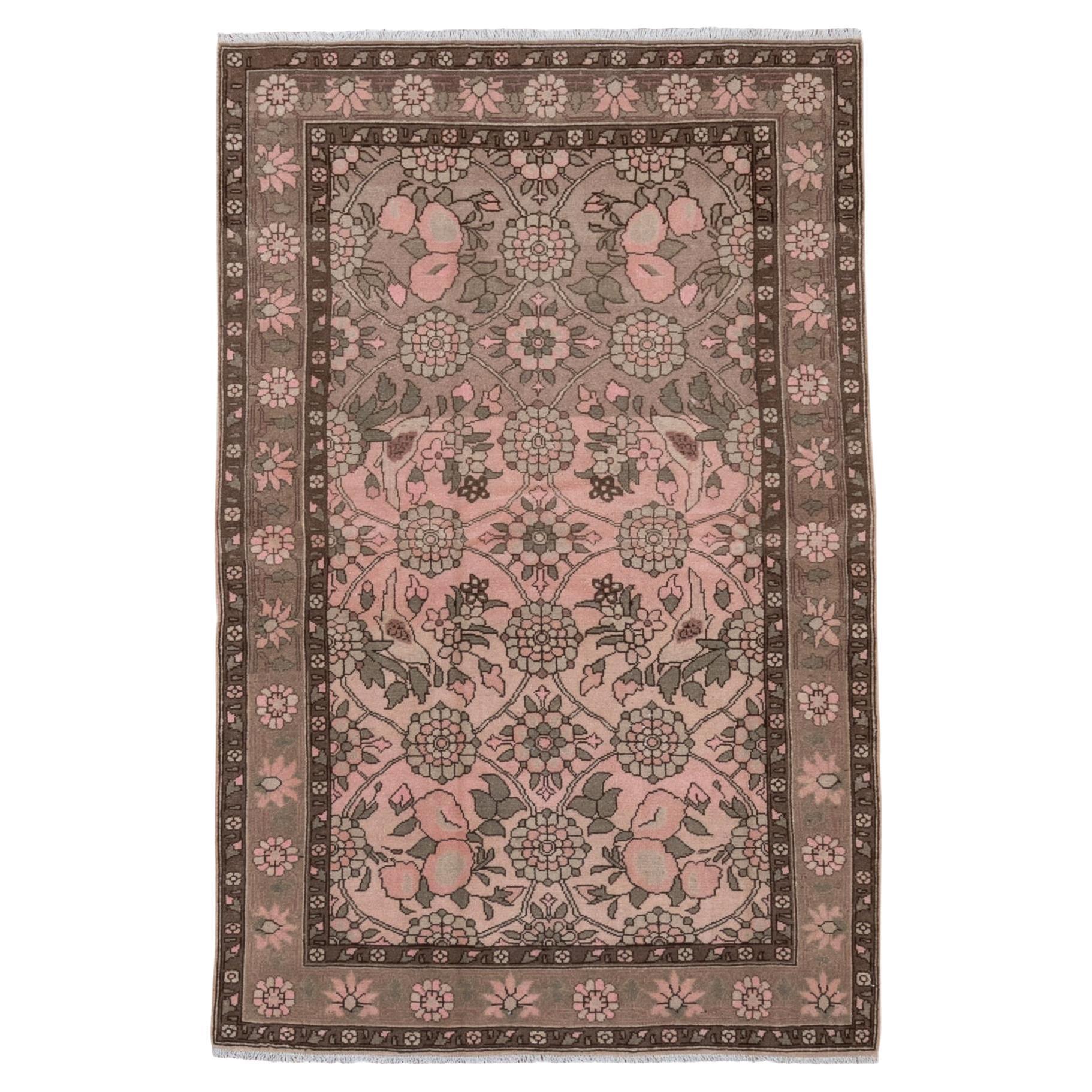 1940s Vintage Persian Malayer Rug, Light Pink Floral Field, Brown ...