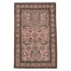 1940s Vintage Persian Malayer Rug, Light Pink Floral Field, Brown Borders