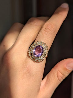 1940s Vintage Purple Amethyst & Keshi Pearl Halo 13ct Gold Ring Size O / 7