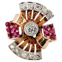 1940s Vintage Retro 14K Rose Gold Diamond and Ruby Ring, Size 8.25
