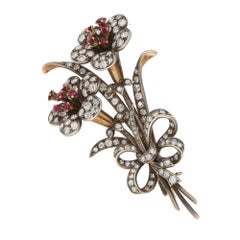 1940s Vintage Ruby and Diamond Lily Bouquet Brooch Set in Silver and Gold