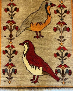 1940s Vintage Runner with Tribal Quail Motif, Red, Gold, and Gray Wool, 2' x 7'
