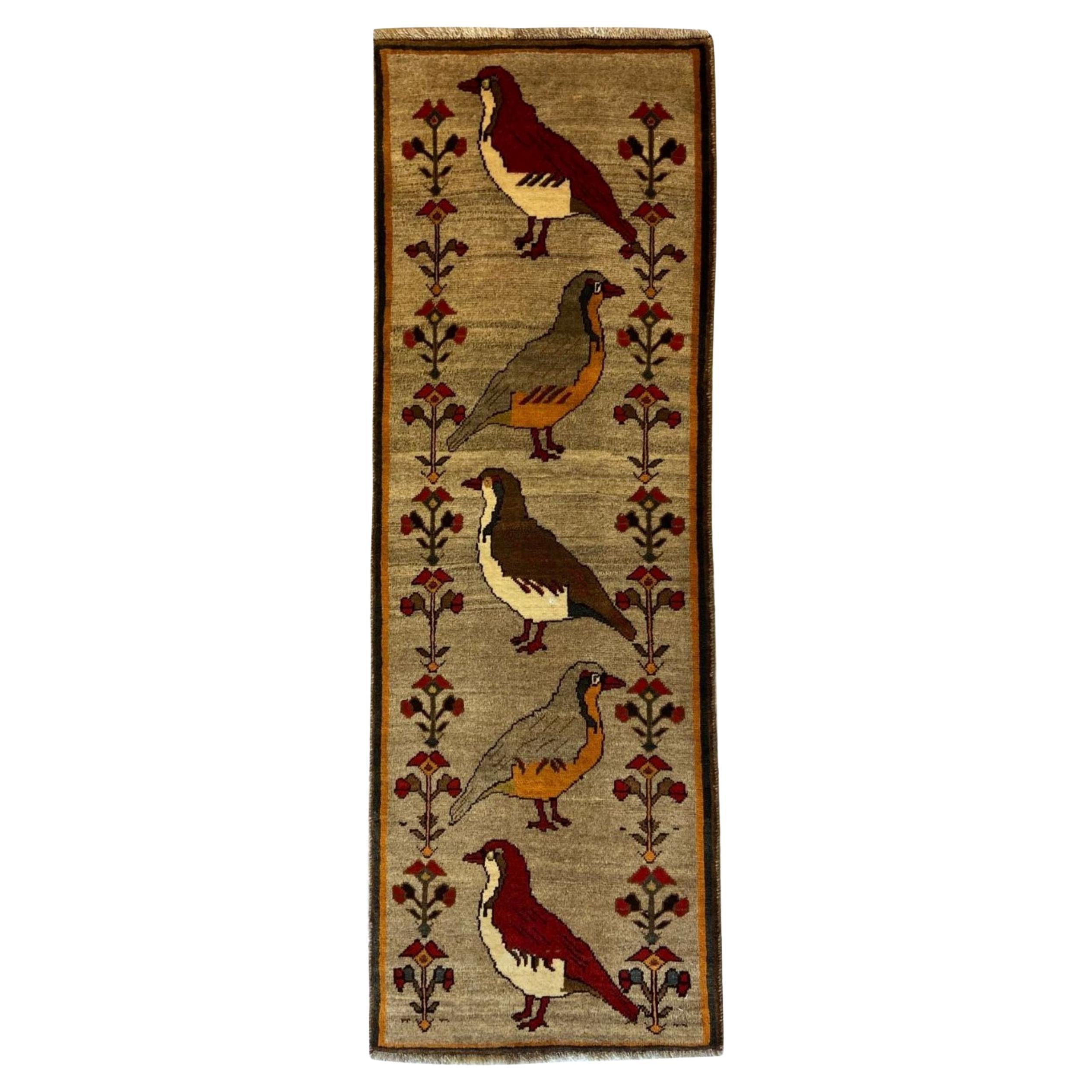 1940s Vintage Runner with Tribal Quail Motif, Red, Gold, and Gray Wool, 2
 x 7
 For Sale