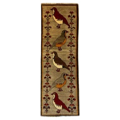 1940s Vintage Runner with Tribal Quail Motif, Red, Gold, and Gray Wool, 2' x 7'