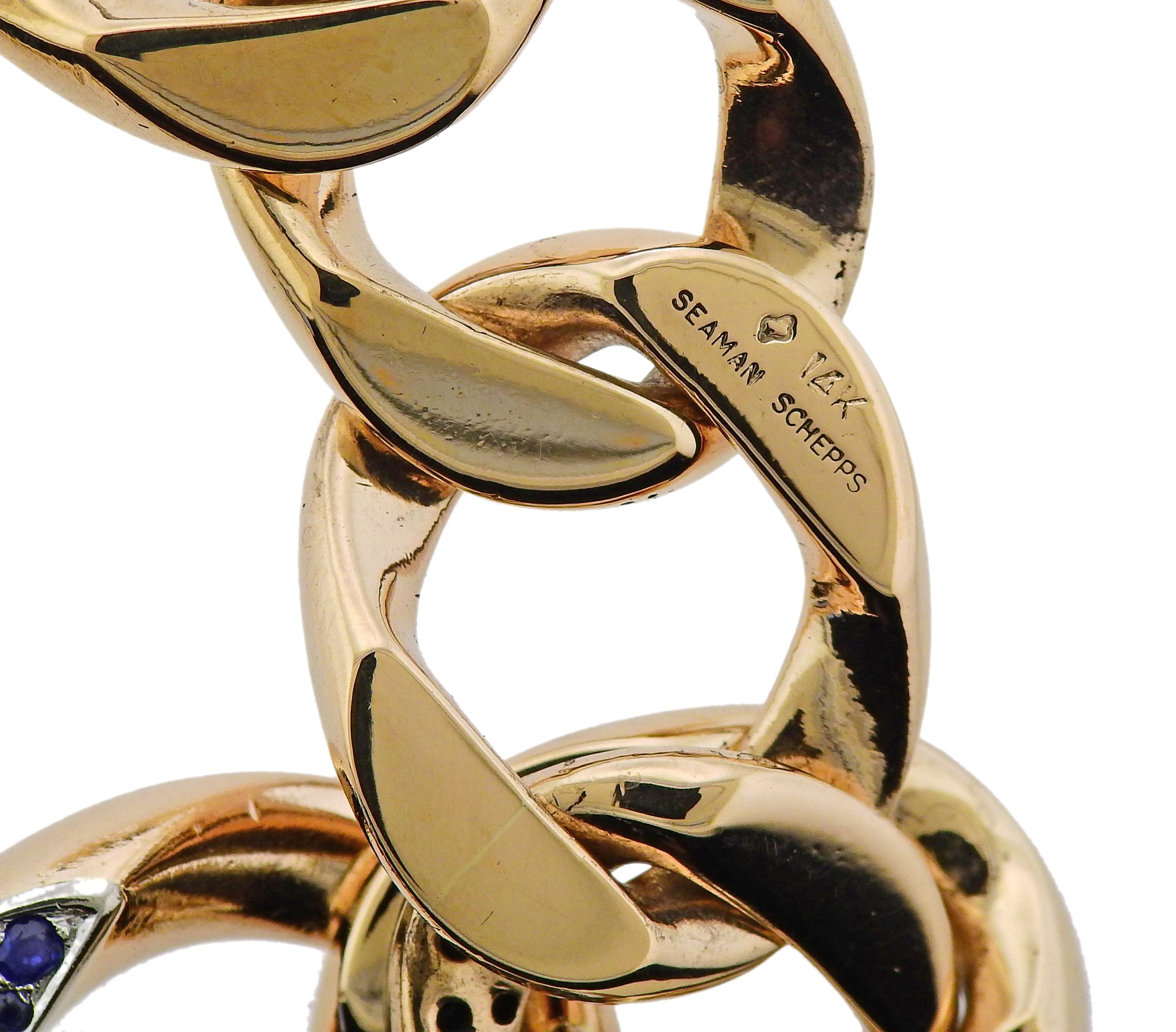 Women's or Men's 1940s Vintage Seaman Schepps Sapphire Gold Link Bracelet For Sale