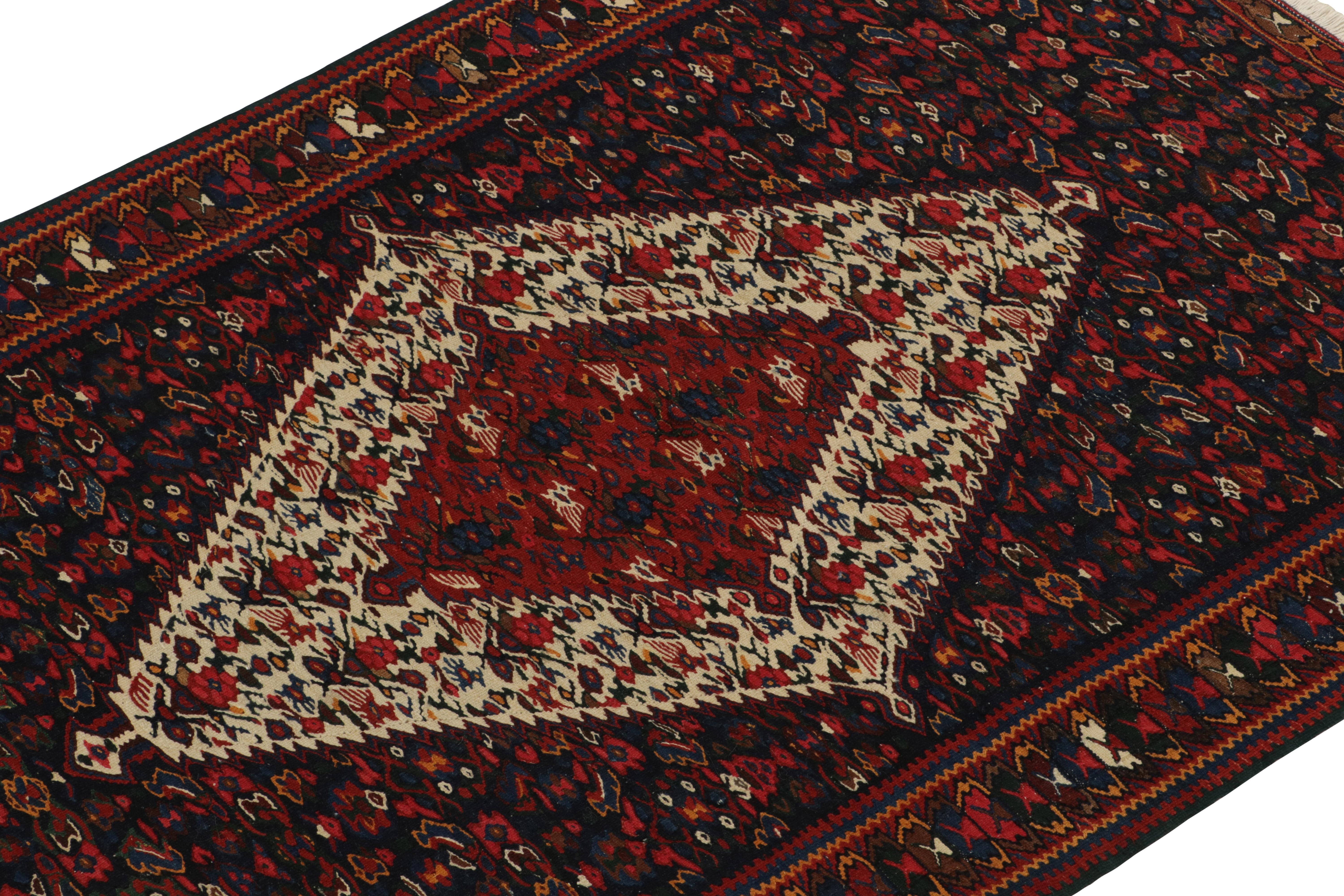 Hand-Knotted 1940s Vintage Senneh Kilim in Red, Beige-Brown Tribal pattern by Rug & Kilim For Sale