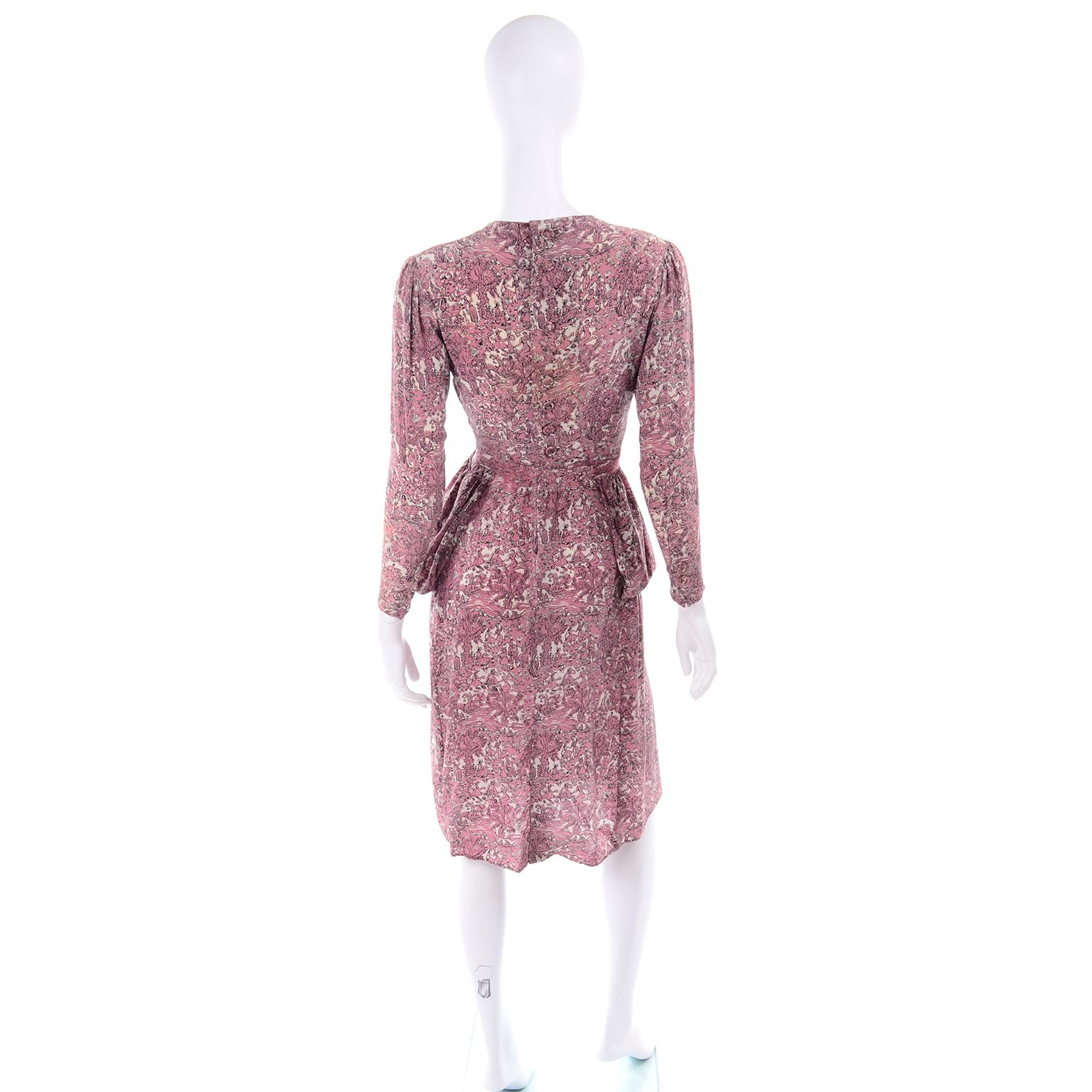 1940s Vintage Silk Dress in Rose Mauve Toile Novelty Print with Peplum 5