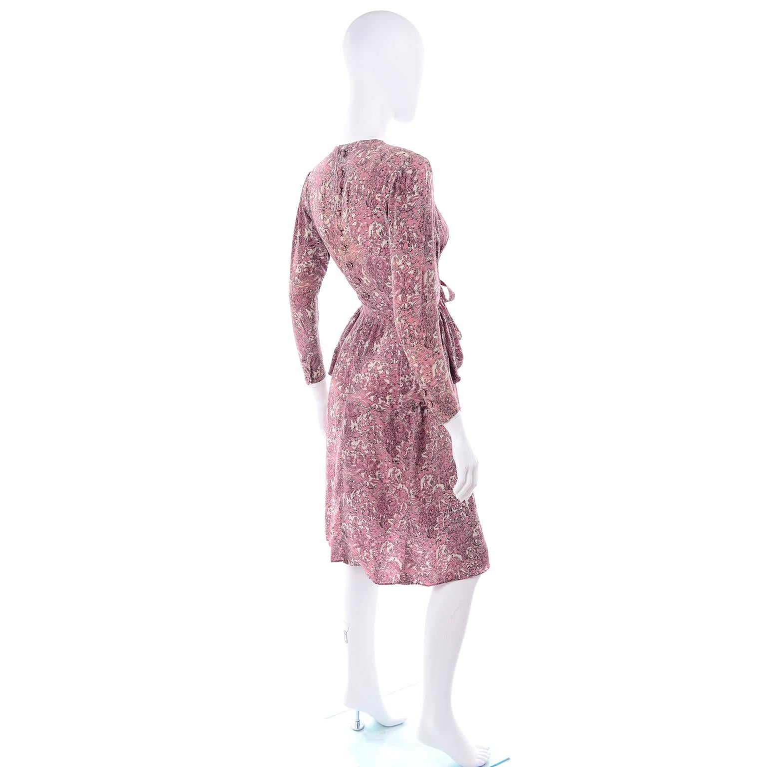 1940s Vintage Silk Dress in Rose Mauve Toile Novelty Print with Peplum 6