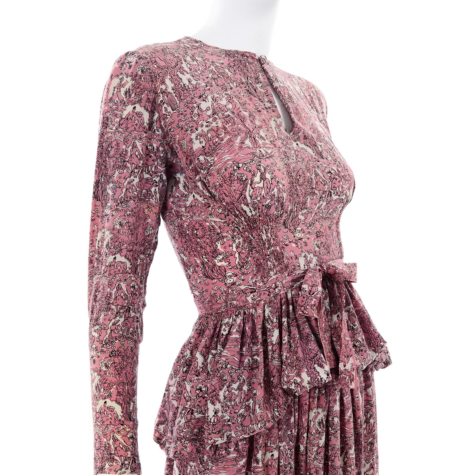 1940s Vintage Silk Dress in Rose Mauve Toile Novelty Print with Peplum 7