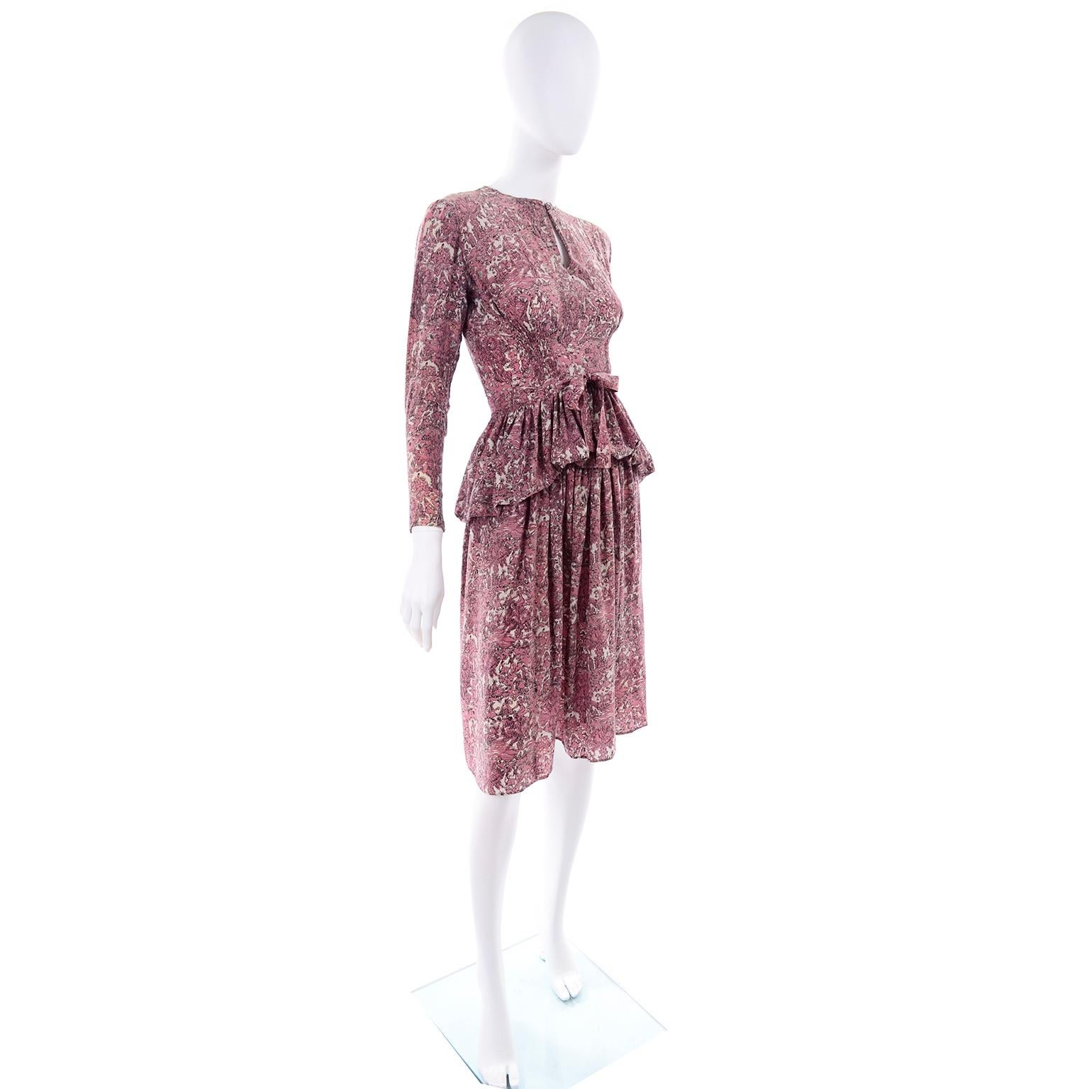 1940s Vintage Silk Dress in Rose Mauve Toile Novelty Print with Peplum 8