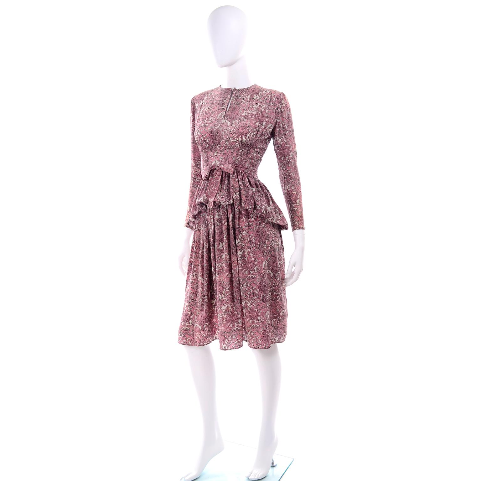 1940s Vintage Silk Dress in Rose Mauve Toile Novelty Print with Peplum 1
