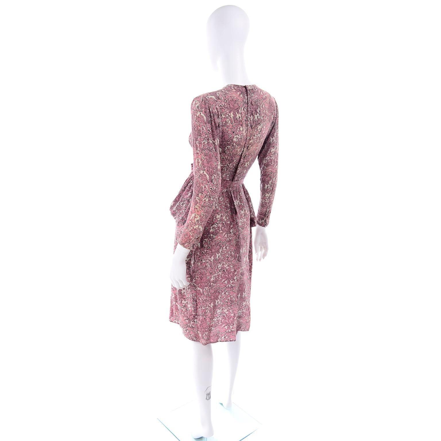 1940s Vintage Silk Dress in Rose Mauve Toile Novelty Print with Peplum 2