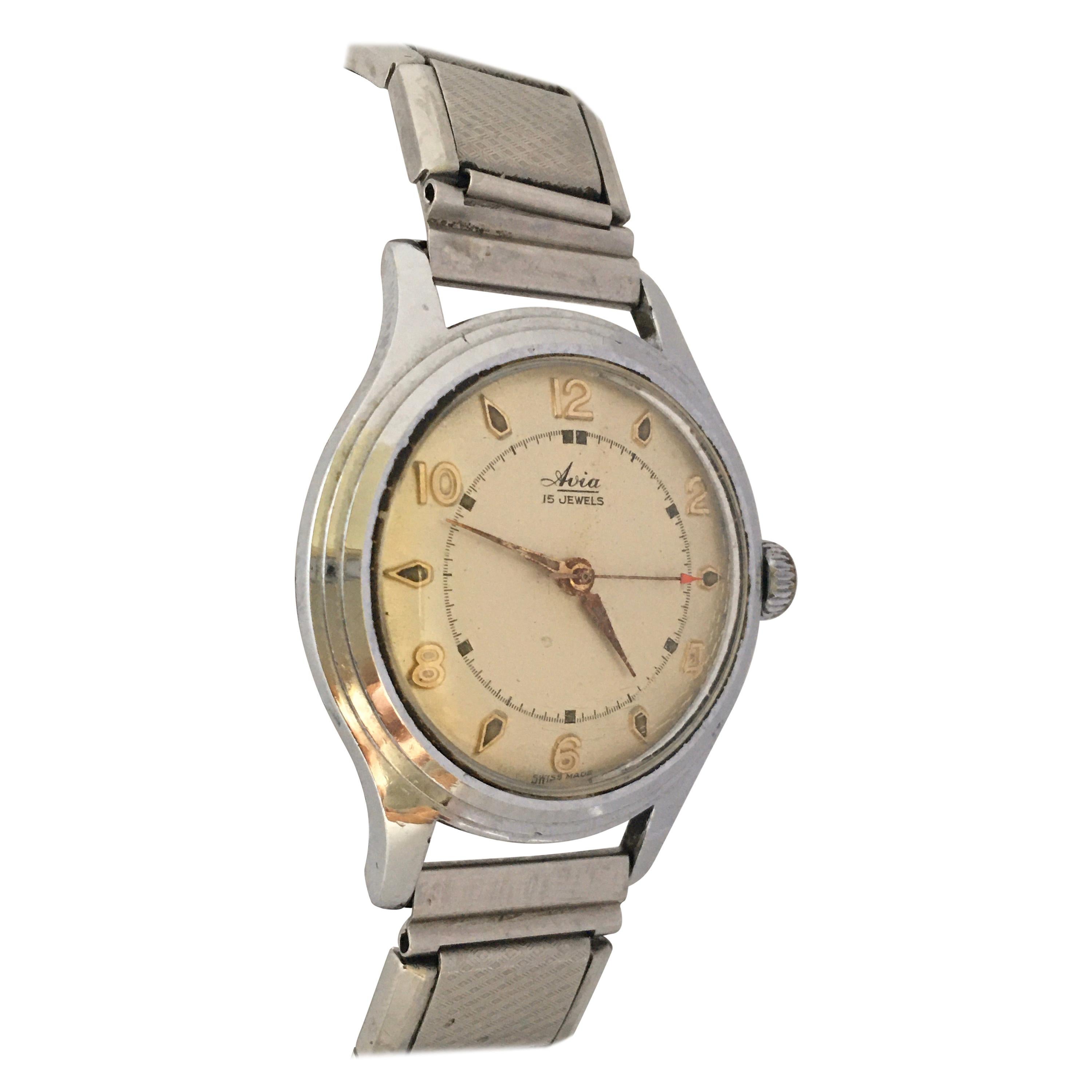 1940s Vintage Steel and Stainless Steel Back Avia Mechanical Watch