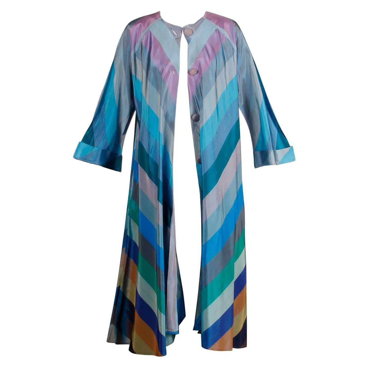 Manteau long ou robe vintage des années 1940, en taffetas, à rayures arc-en-ciel en chevrons, de coupe ample et légère