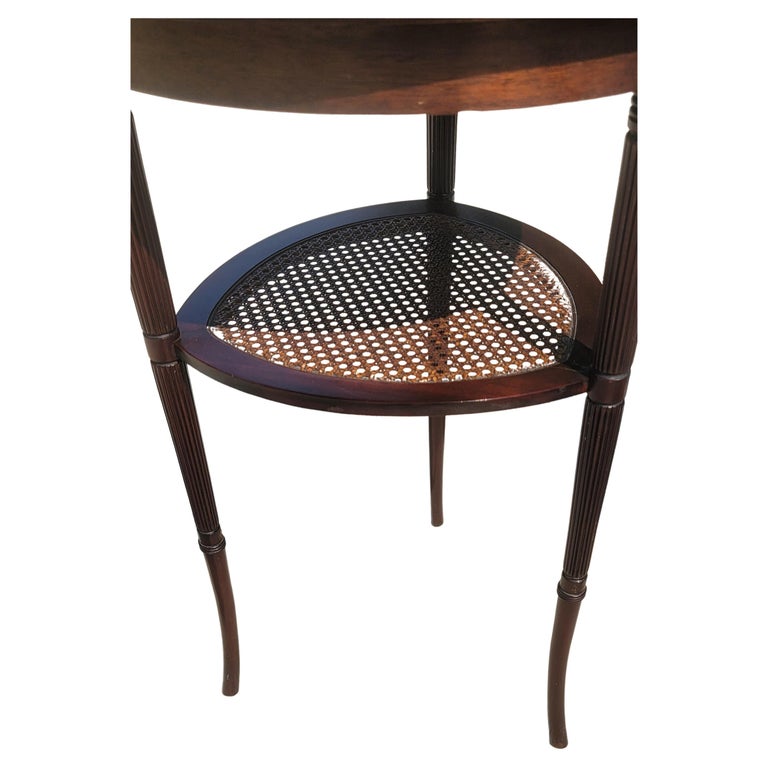 1940s Vintage Triangular TwoTier Mahogany and Cane Side Table Candle