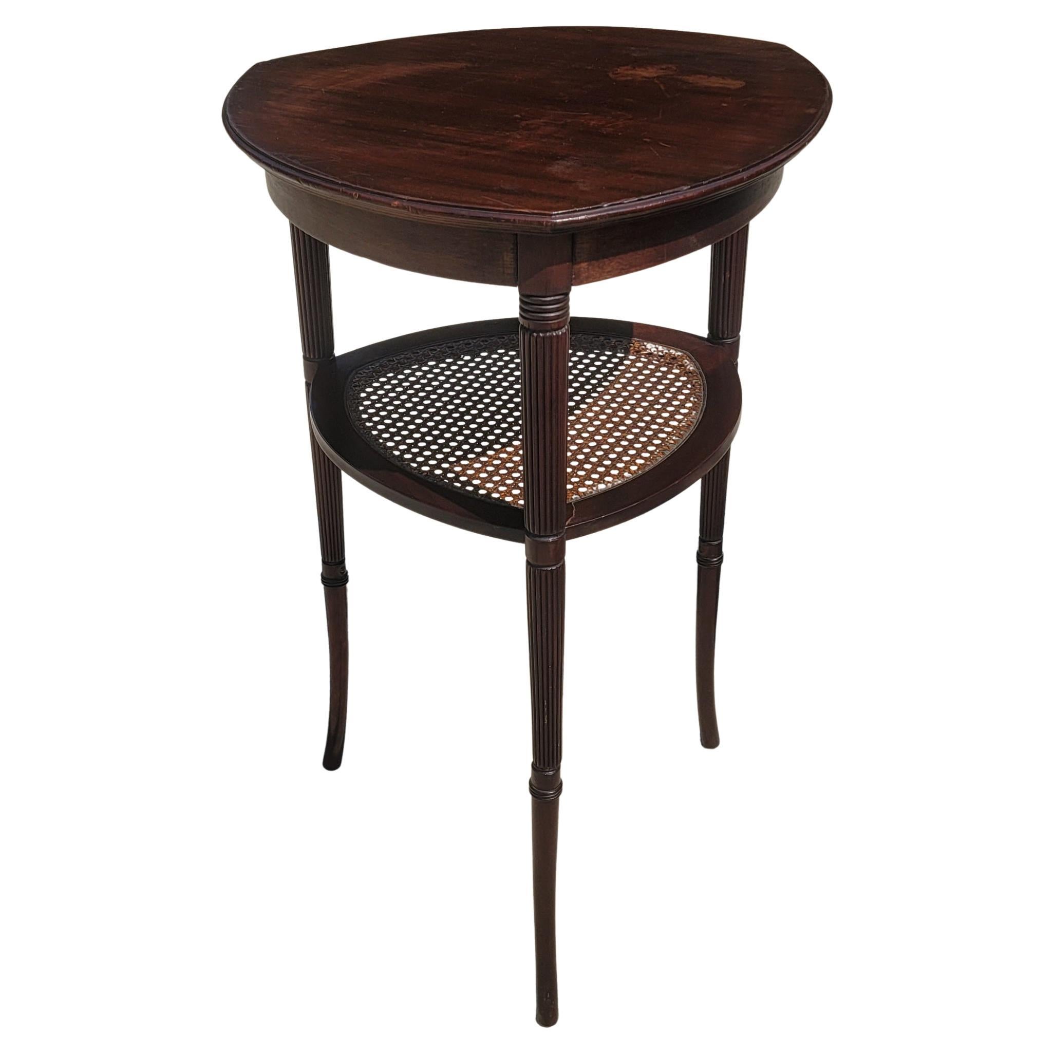 1940s Vintage Triangular Two-Tier Mahogany and Cane Side Table Candle Stand For Sale