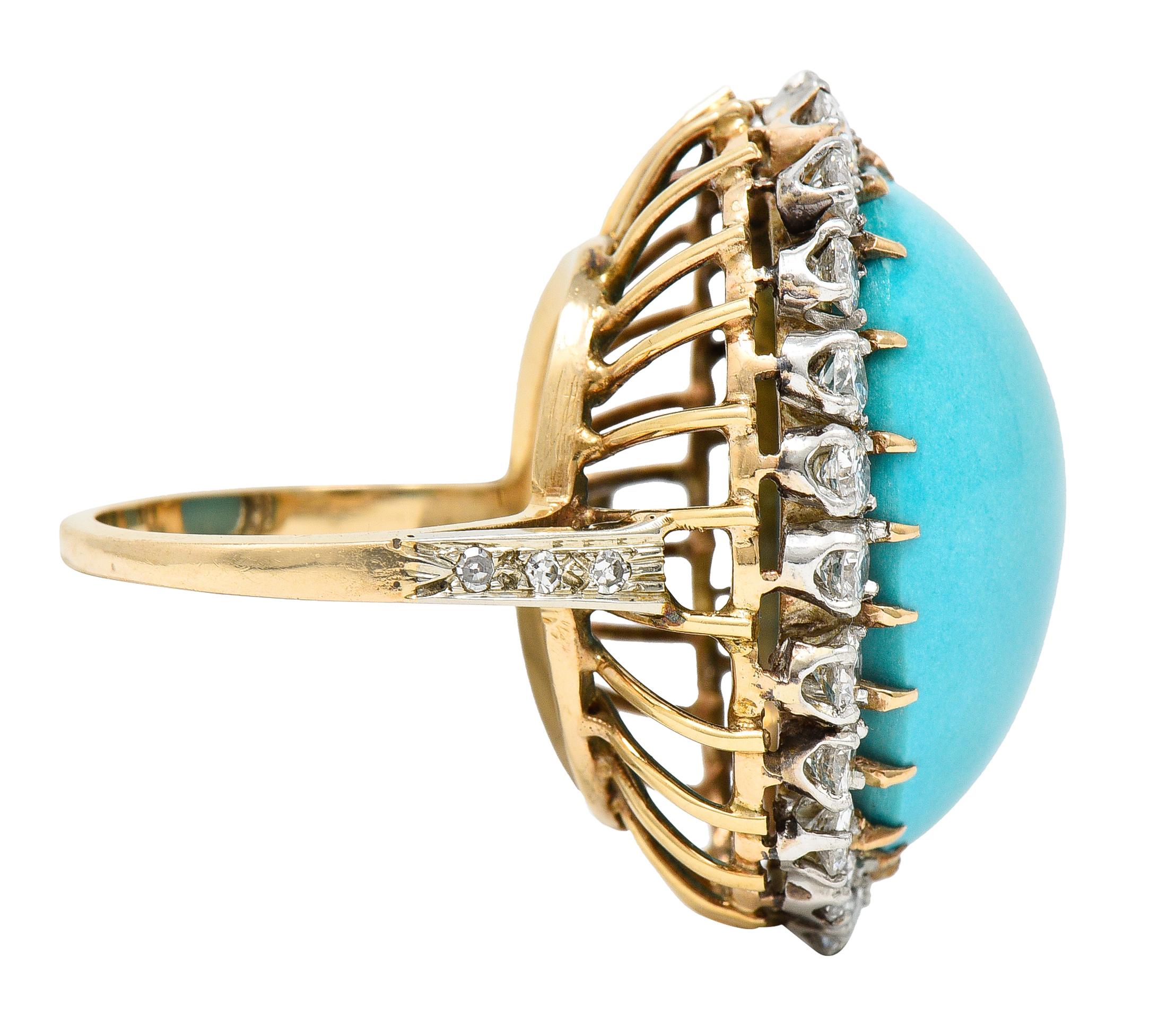 Retro 1940’s Vintage Turquoise Diamond 14 Karat Two-Tone Gold Cluster Ring