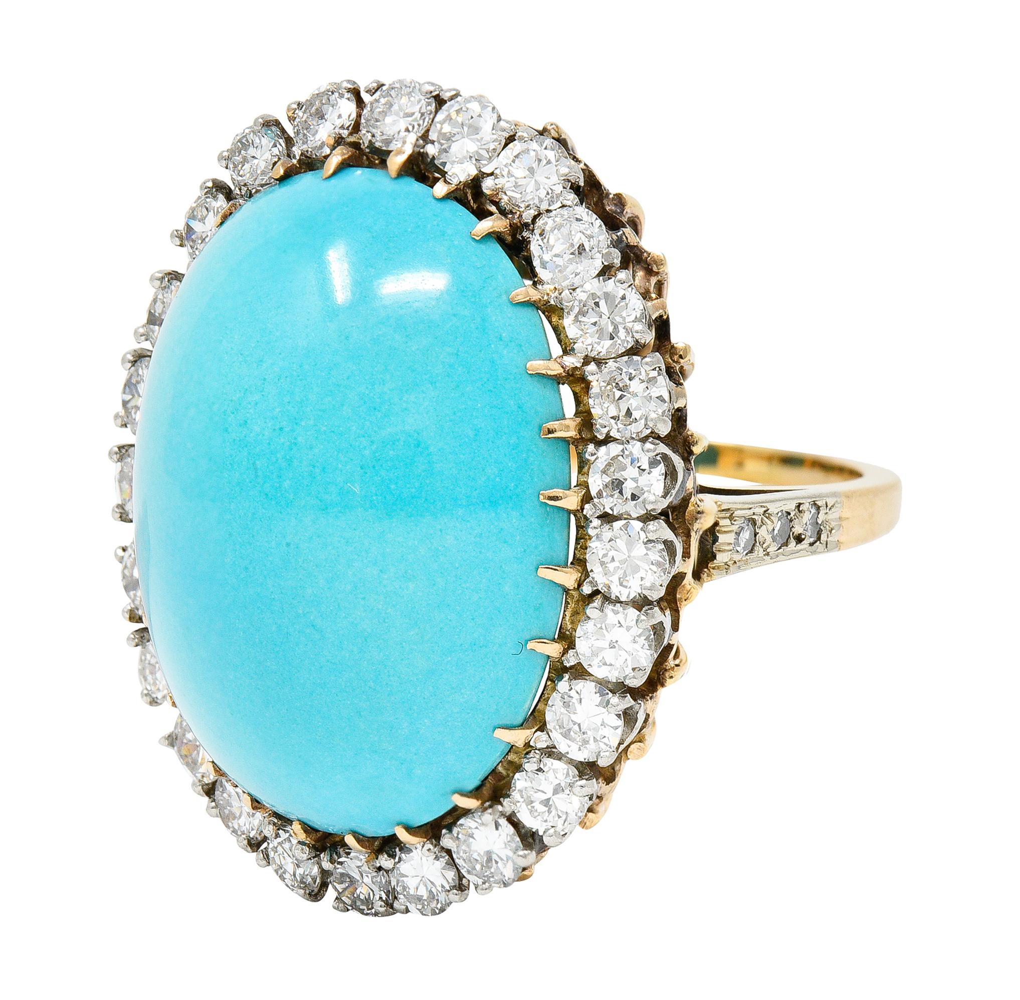 Women's or Men's 1940’s Vintage Turquoise Diamond 14 Karat Two-Tone Gold Cluster Ring