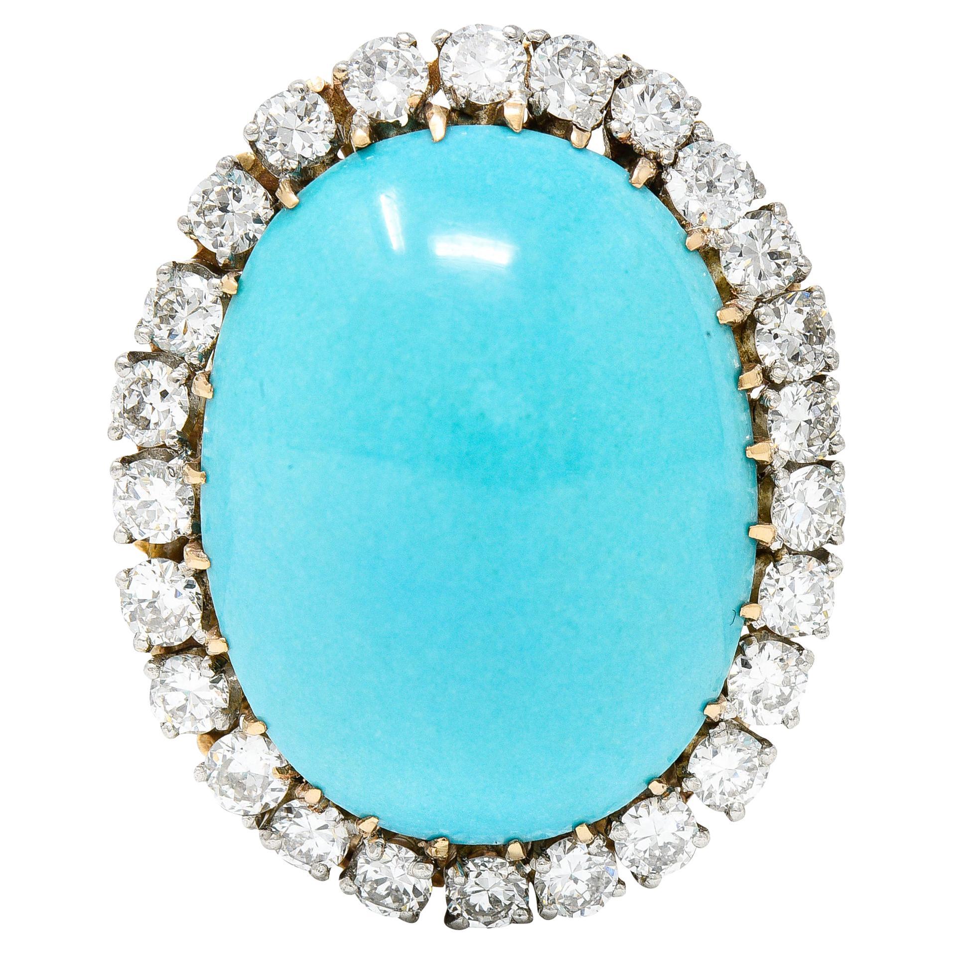 1940’s Vintage Turquoise Diamond 14 Karat Two-Tone Gold Cluster Ring