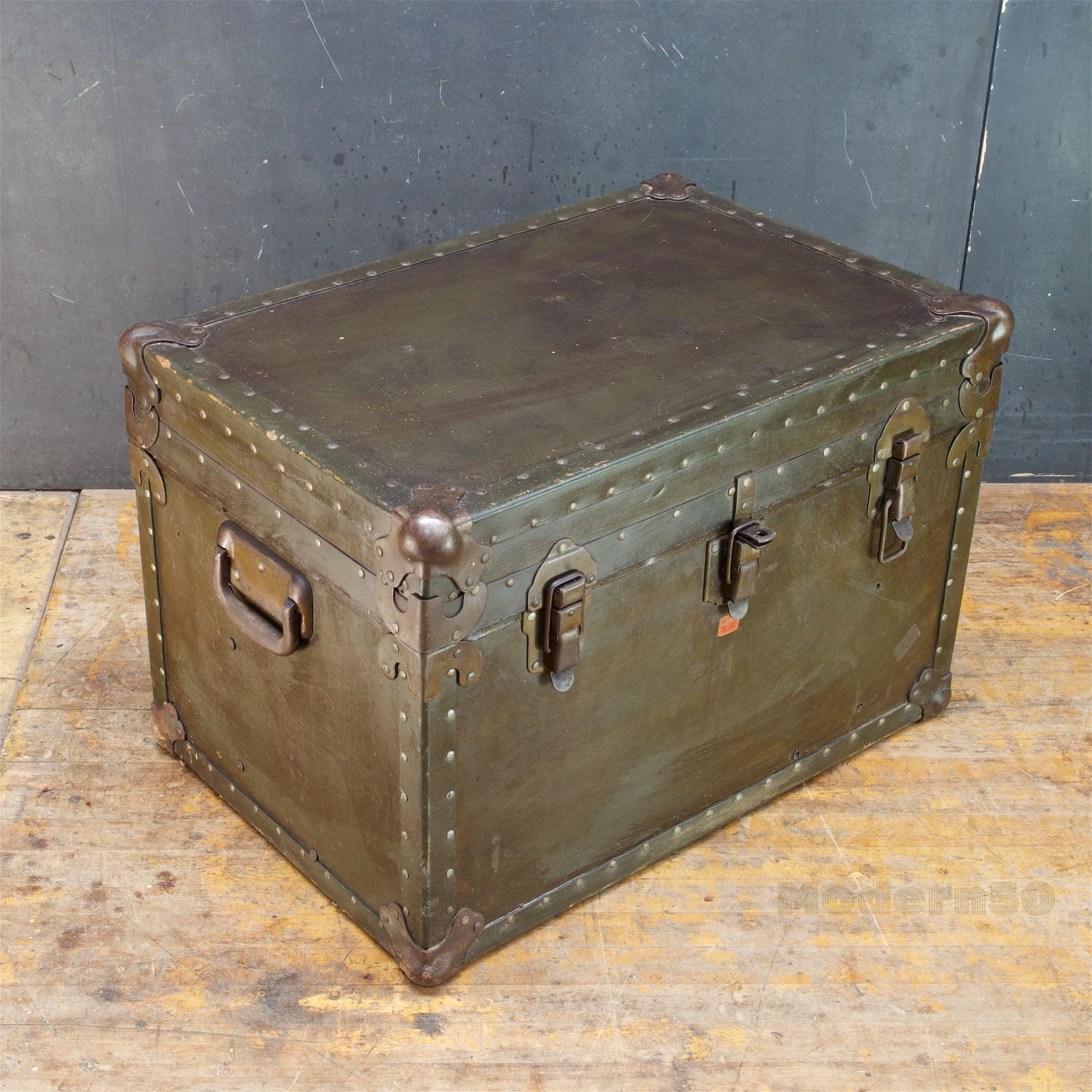 Vulcanized Fiber Trunk with history and presence, fully functional, just a padlock needed to be lockable. A wonderful decorative interior storage table or prop. 