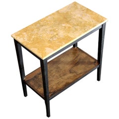 Console vintage en bois noir des années 1940, avec plateau en marbre travertin