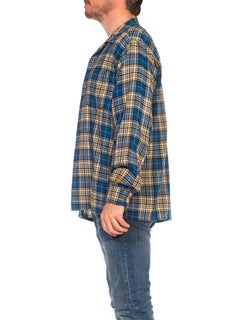 1940S VIYELLA Blue, White & Black Wool/Cotton Plaid Long Sleeve Shirt