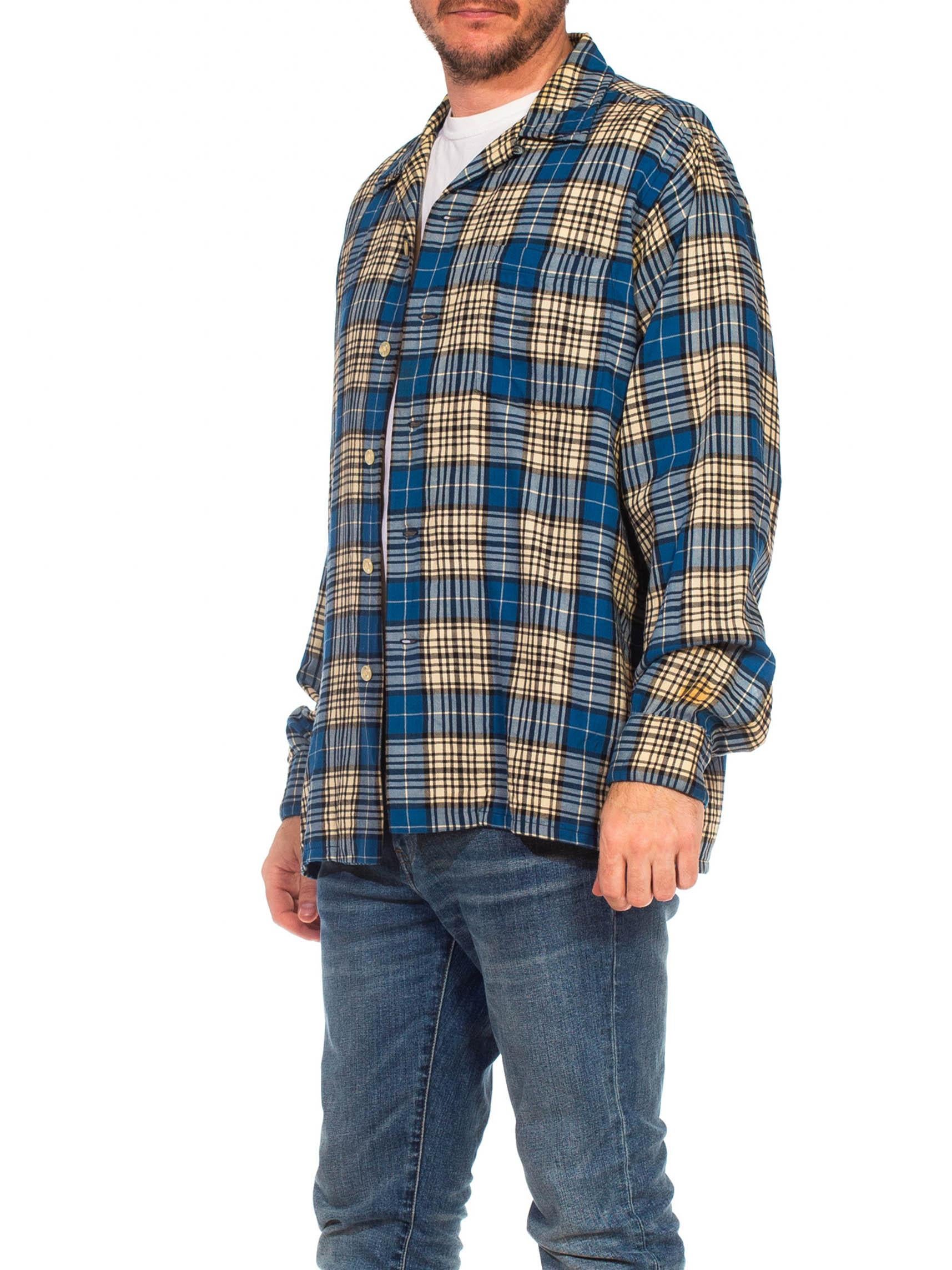 1940S VIYELLA Blue, White & Black Wool/Cotton Plaid Long Sleeve Shirt For Sale 1