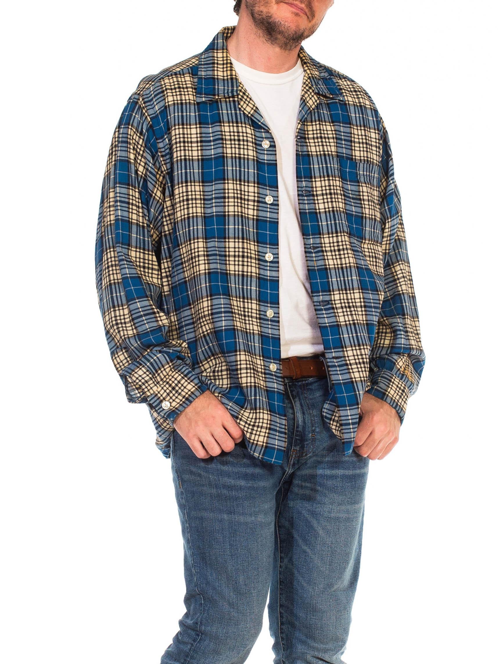 1940S VIYELLA Blue, White & Black Wool/Cotton Plaid Long Sleeve Shirt For Sale 2