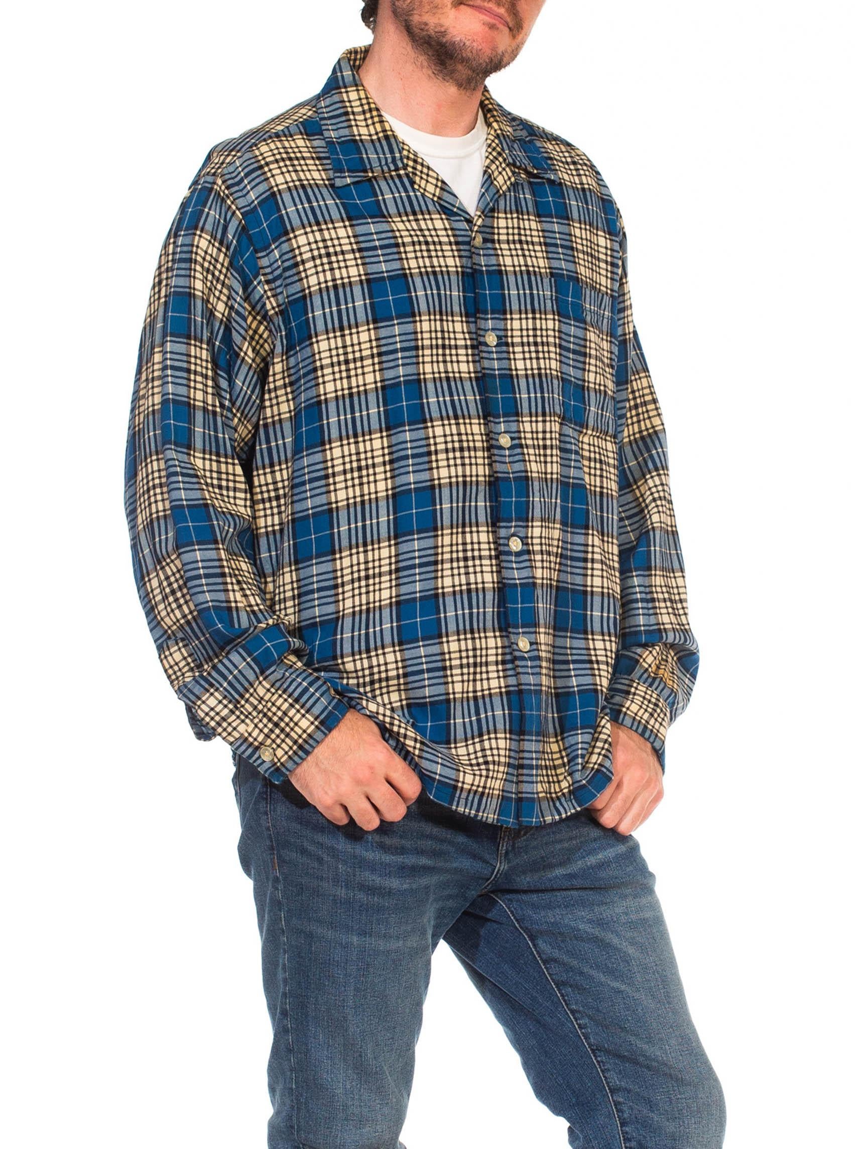 1940S VIYELLA Blue, White & Black Wool/Cotton Plaid Long Sleeve Shirt For Sale 3
