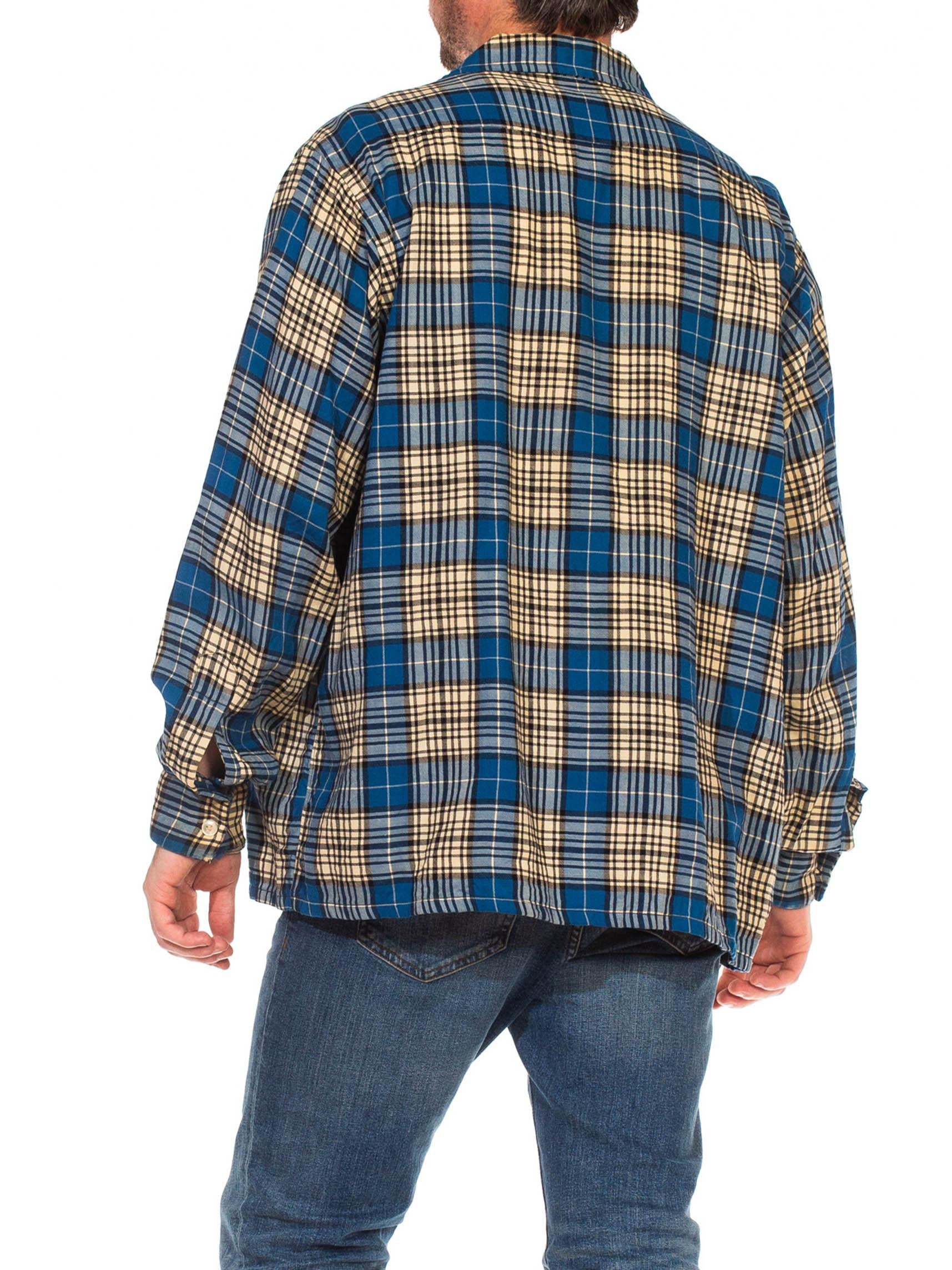1940S VIYELLA Blue, White & Black Wool/Cotton Plaid Long Sleeve Shirt For Sale 4
